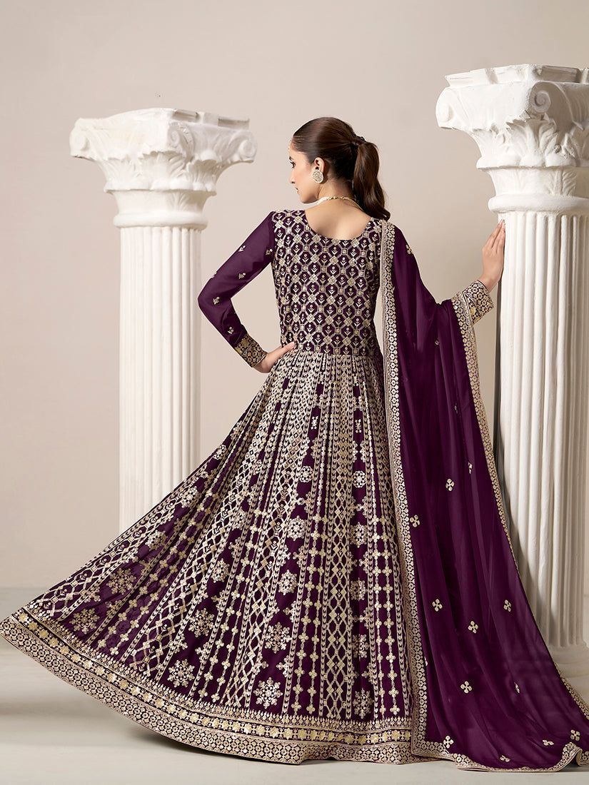 Dark Purple Faux Georgette Embroidered Ceremonial Anarkali Suit
