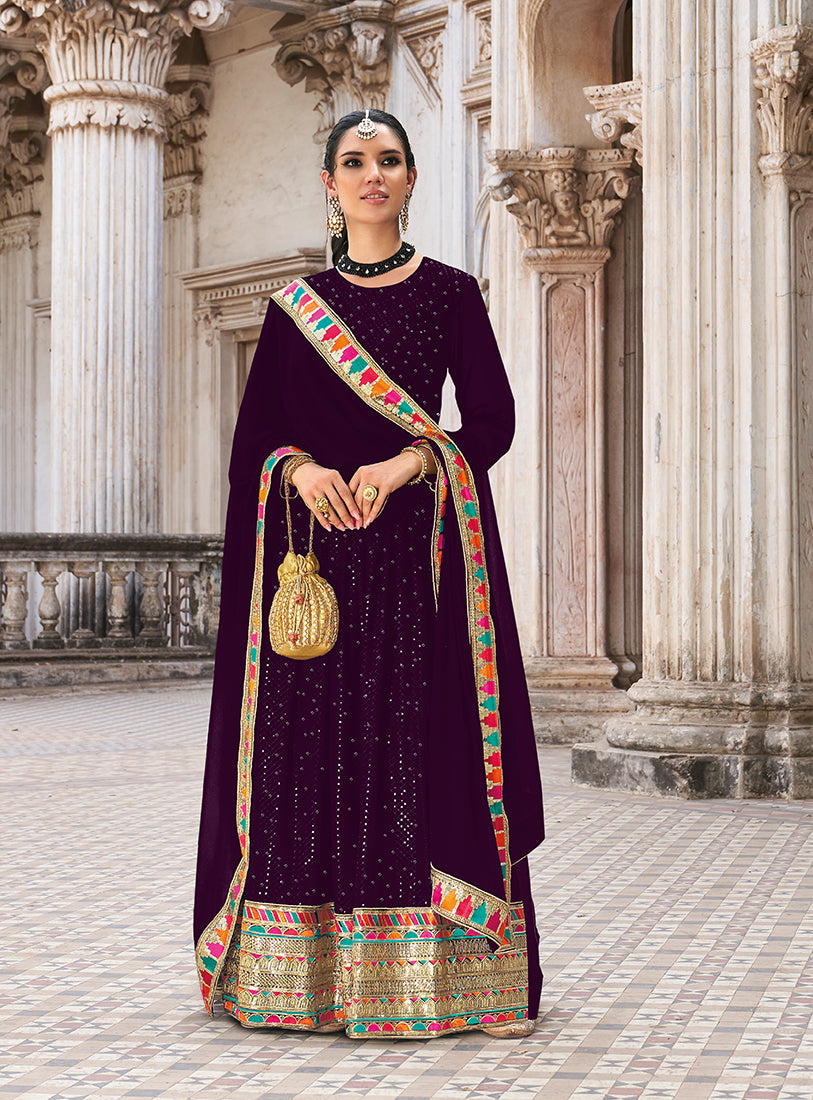 Dark Purple Georgette Embroidered Floor Length Party Wear Anarkali suit