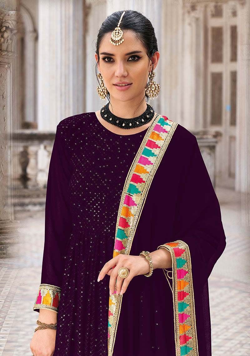 Dark Purple Georgette Embroidered Floor Length Party Wear Anarkali suit