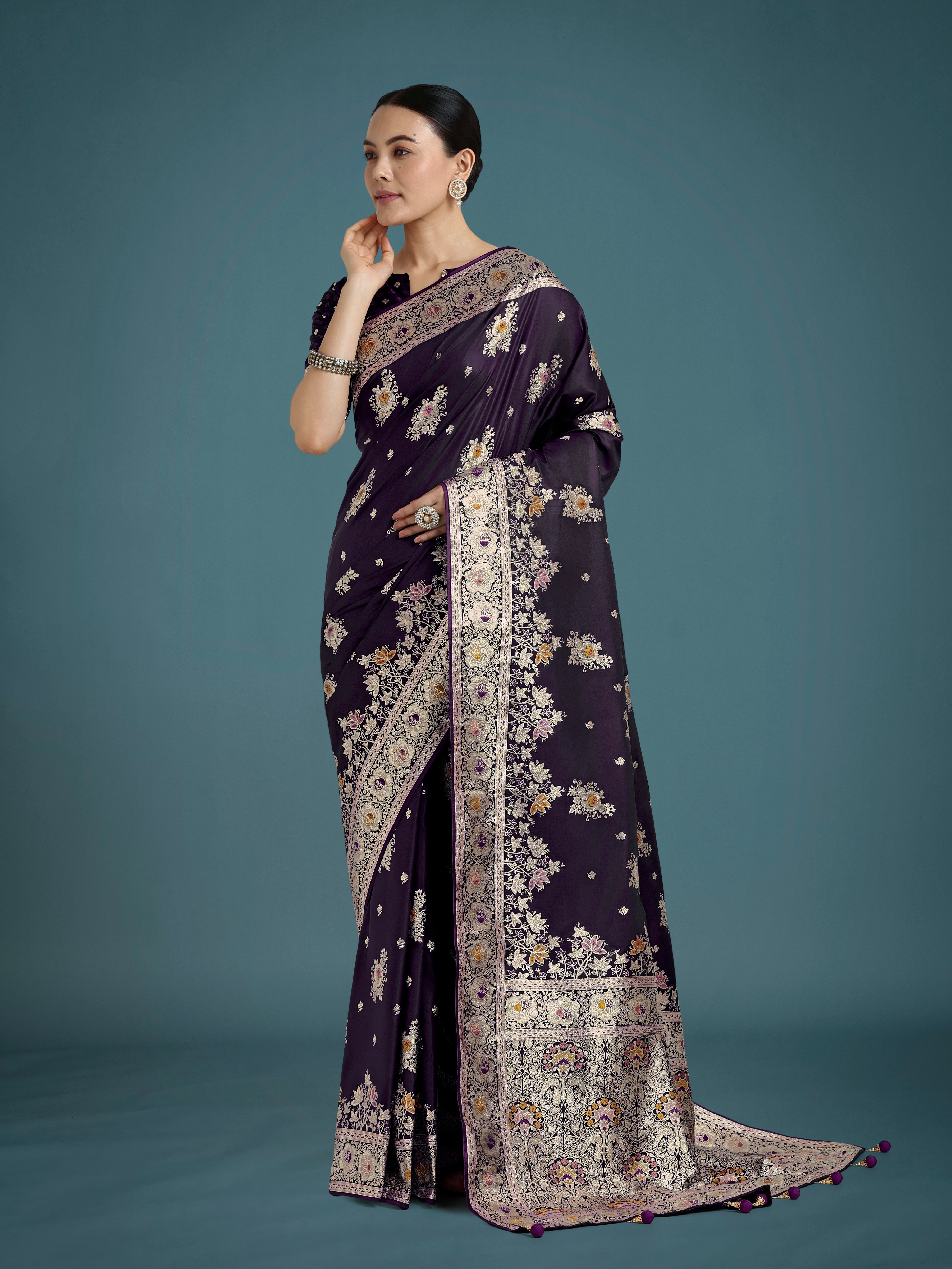 Dark Purple Glamour and Tradition With This Zari Woven Banarasi Satin Silk Saree