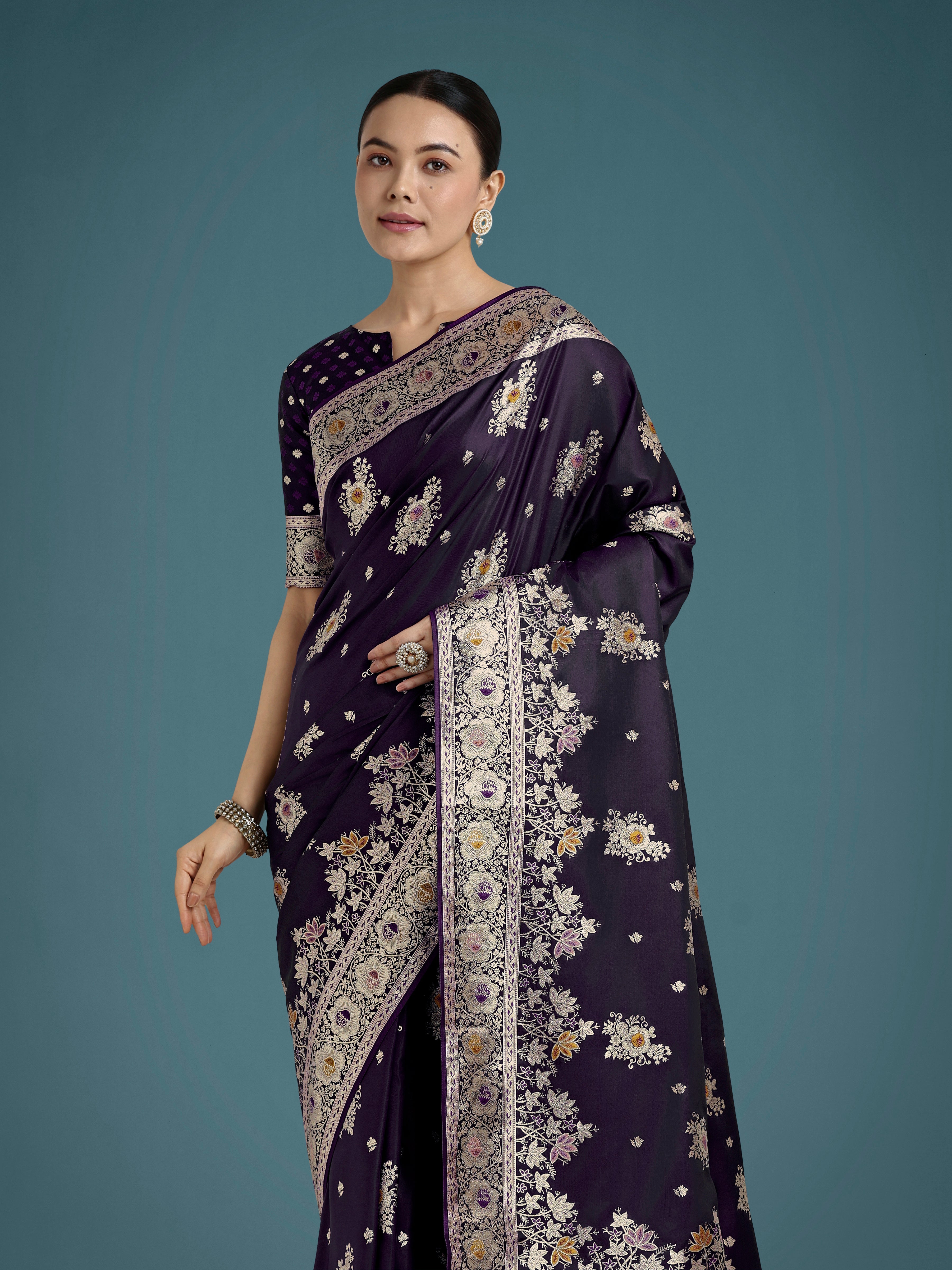 Dark Purple Glamour and Tradition With This Zari Woven Banarasi Satin Silk Saree