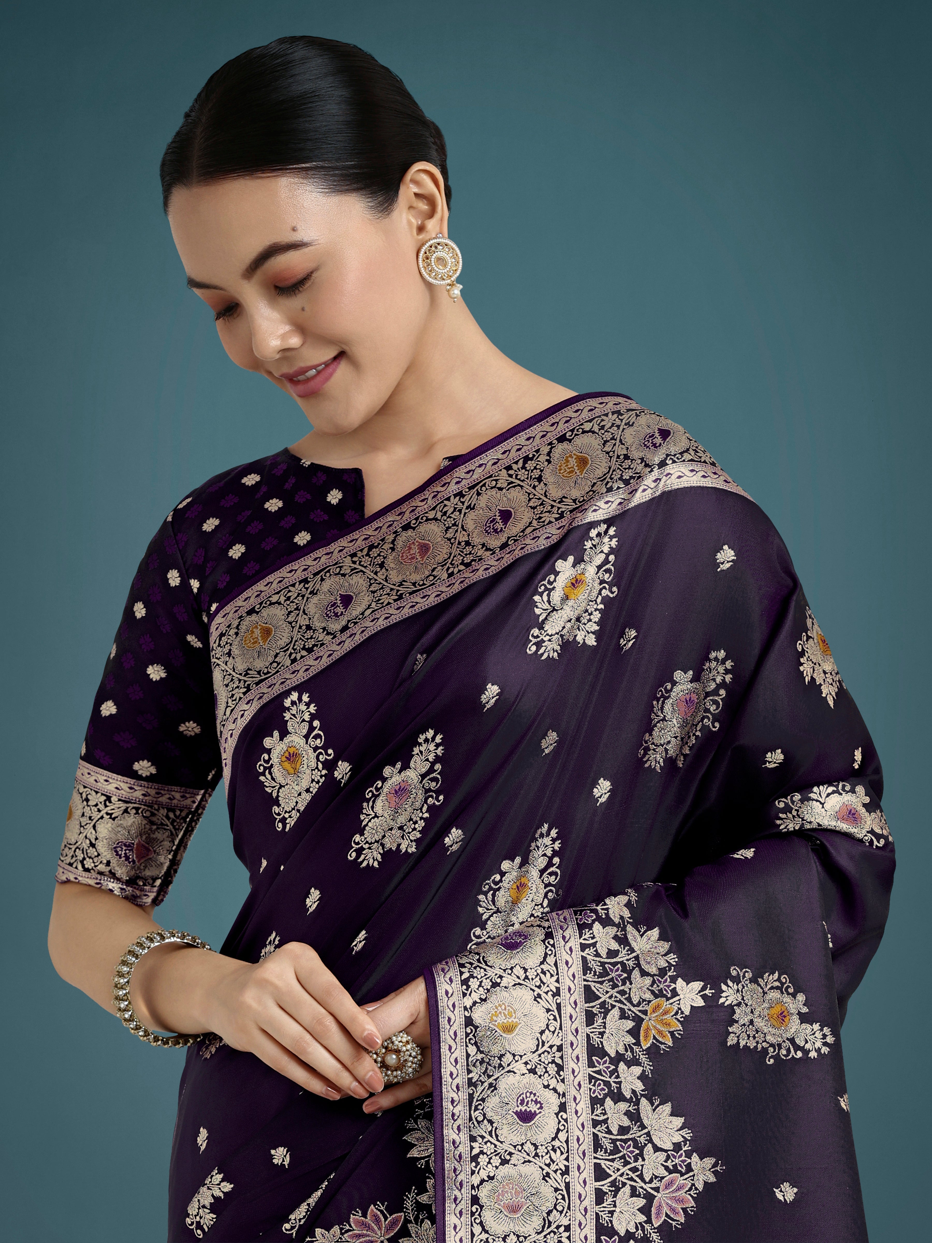 Dark Purple Glamour and Tradition With This Zari Woven Banarasi Satin Silk Saree