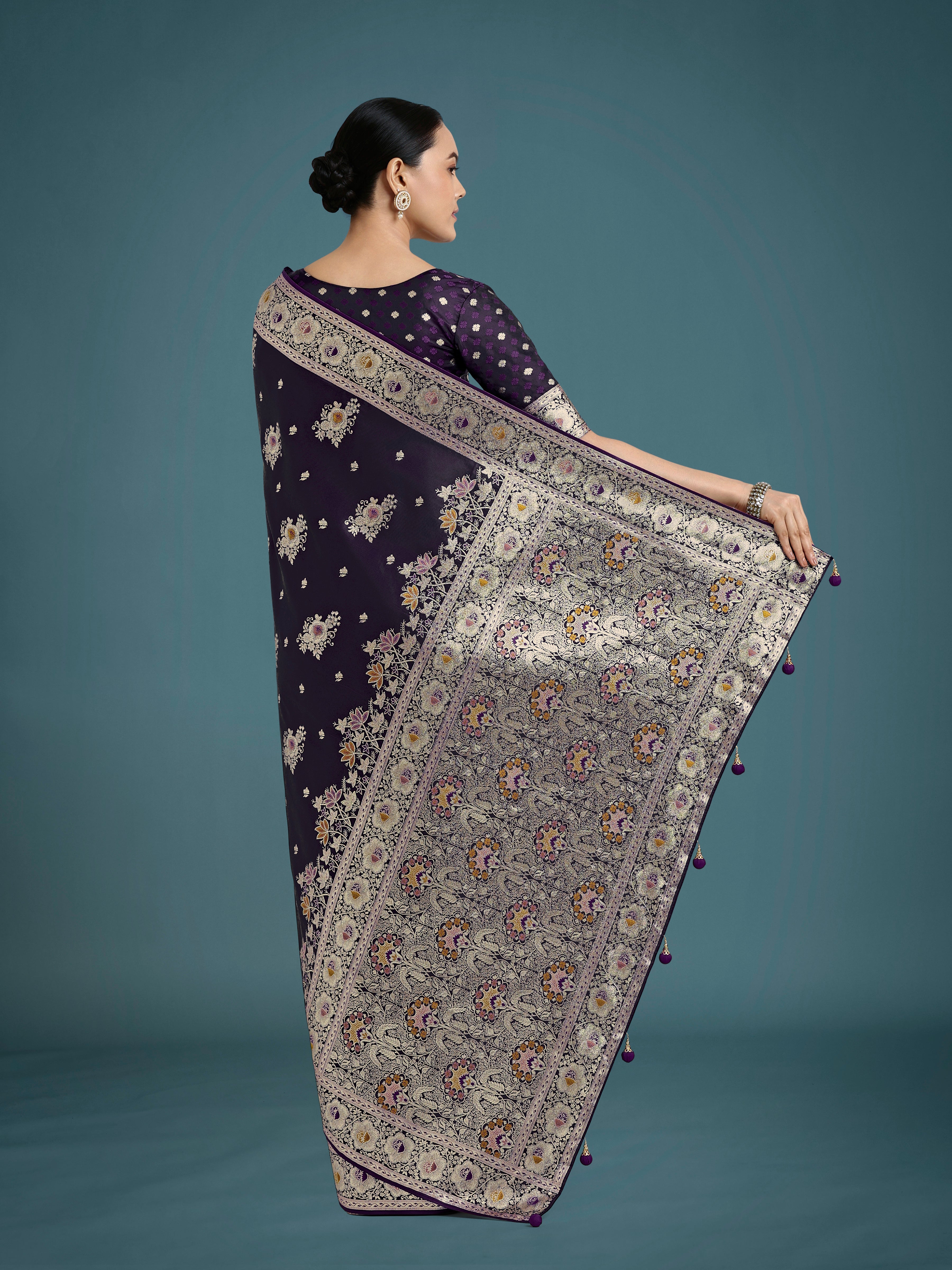 Dark Purple Glamour and Tradition With This Zari Woven Banarasi Satin Silk Saree