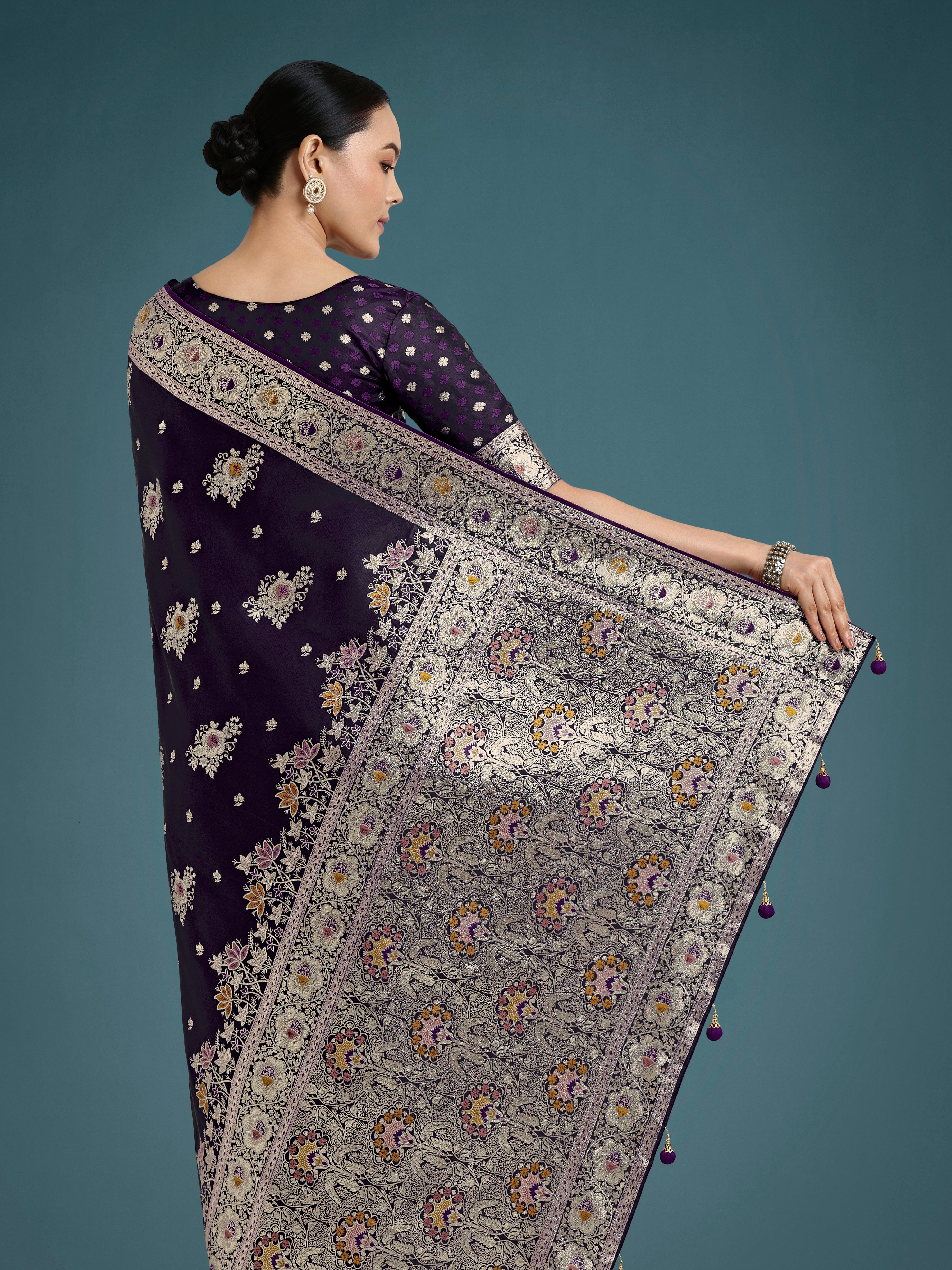 Dark Purple Glamour and Tradition With This Zari Woven Banarasi Satin Silk Saree