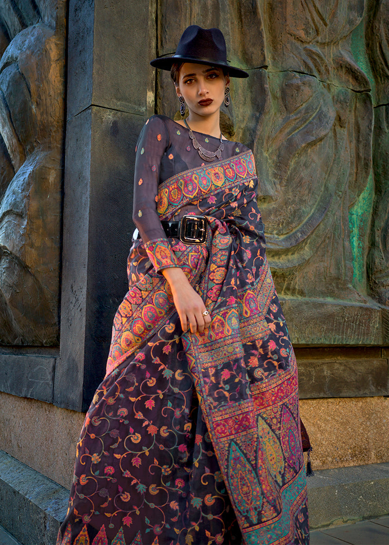 Navy Blue Kashmiri Silk Zari Woven Saree for Festival