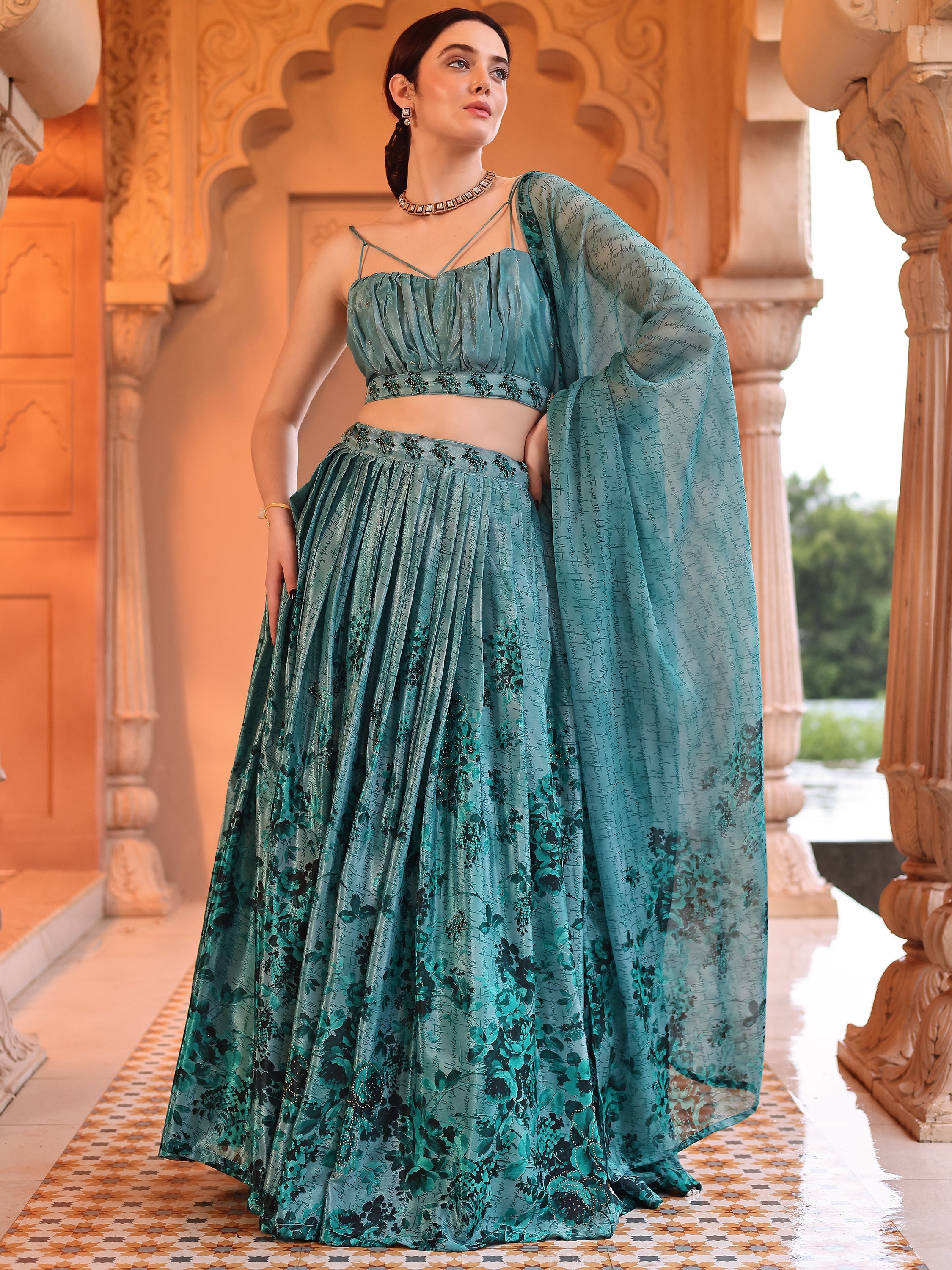 Aqua Blue Printed Chinon Lehenga with Sequin Glam