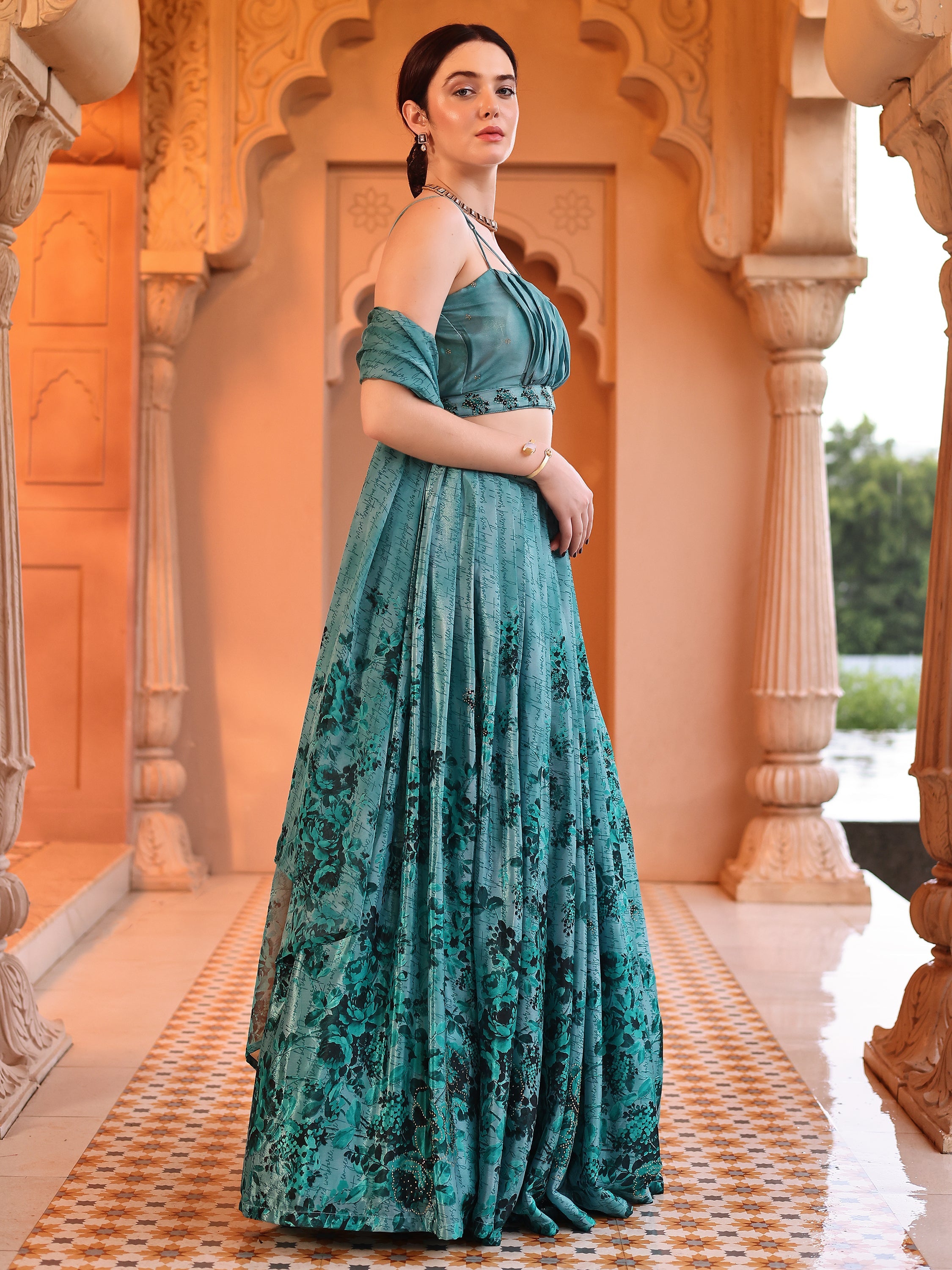 Aqua Blue Printed Chinon Lehenga with Sequin Glam