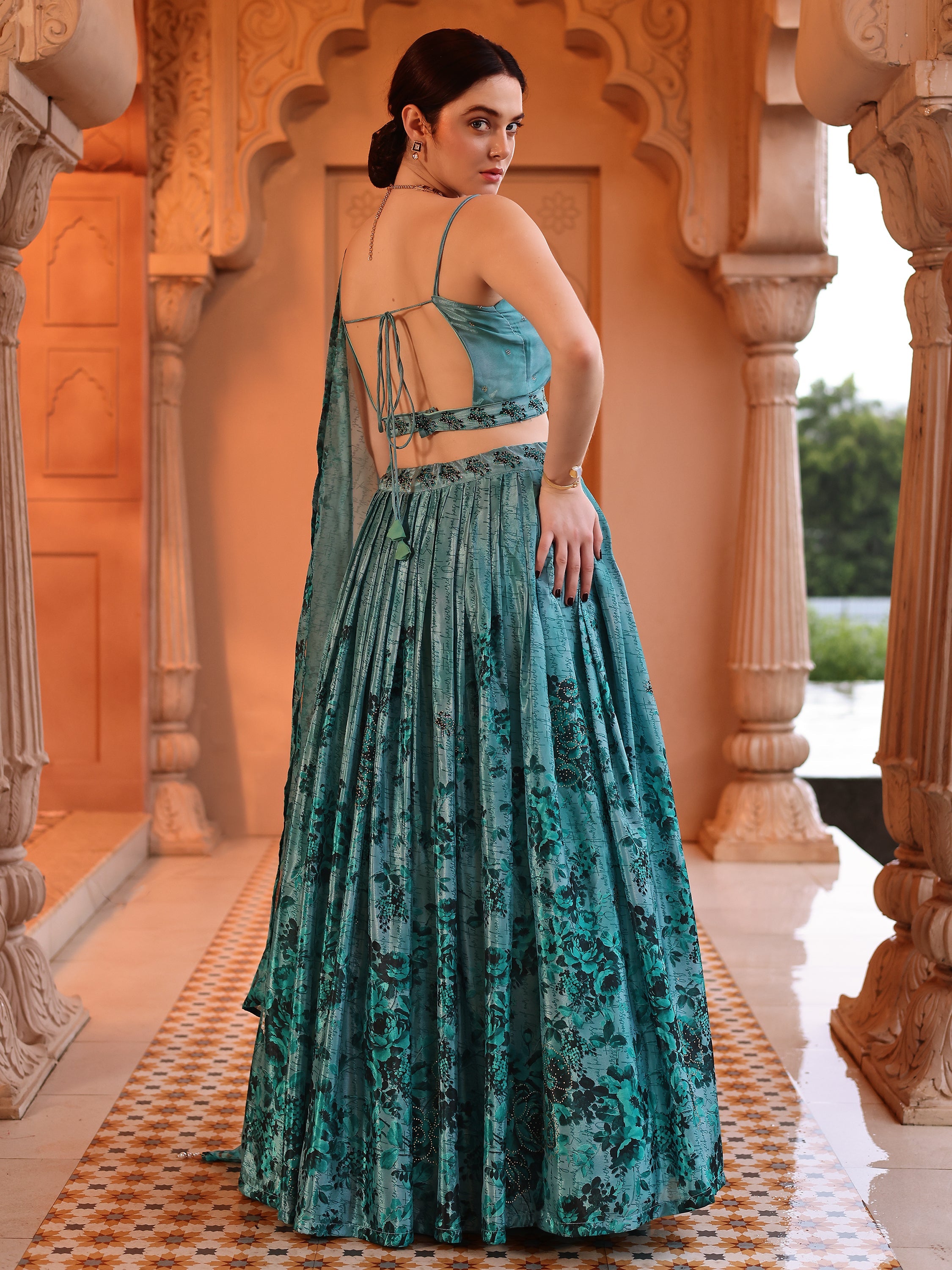 Aqua Blue Printed Chinon Lehenga with Sequin Glam