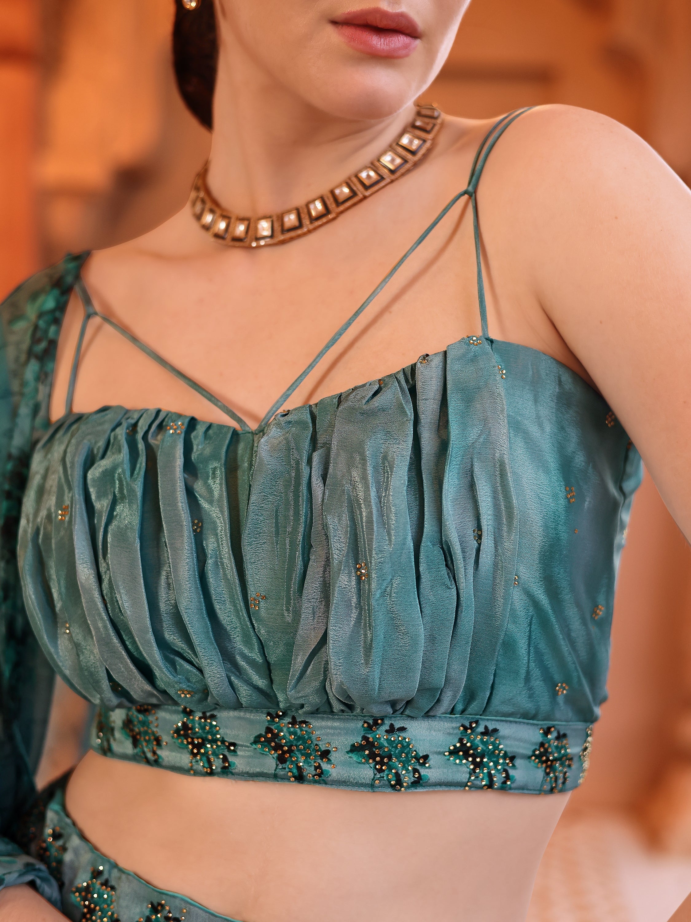 Aqua Blue Printed Chinon Lehenga with Sequin Glam