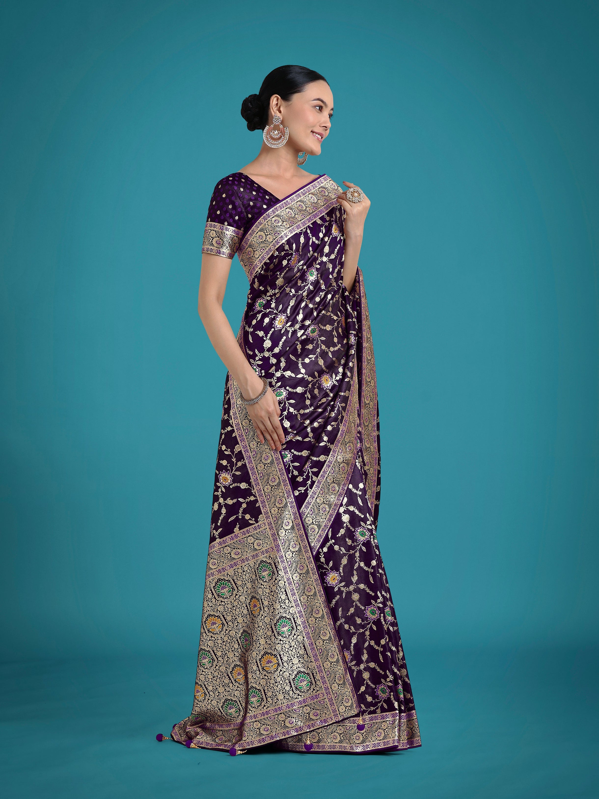 Dark Purple Zari Woven Banarasi Classic Satin Silk Saree