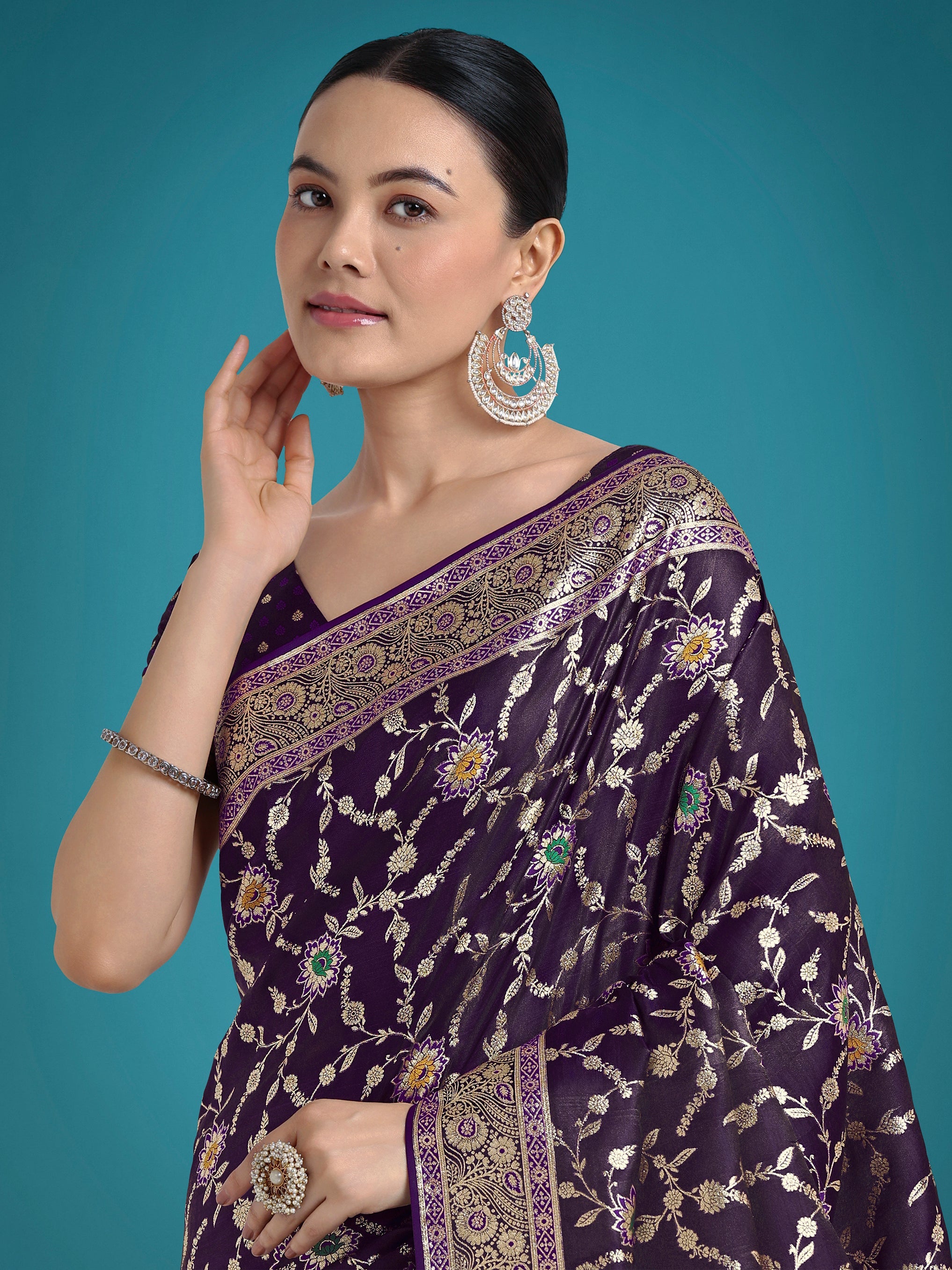 Dark Purple Zari Woven Banarasi Classic Satin Silk Saree