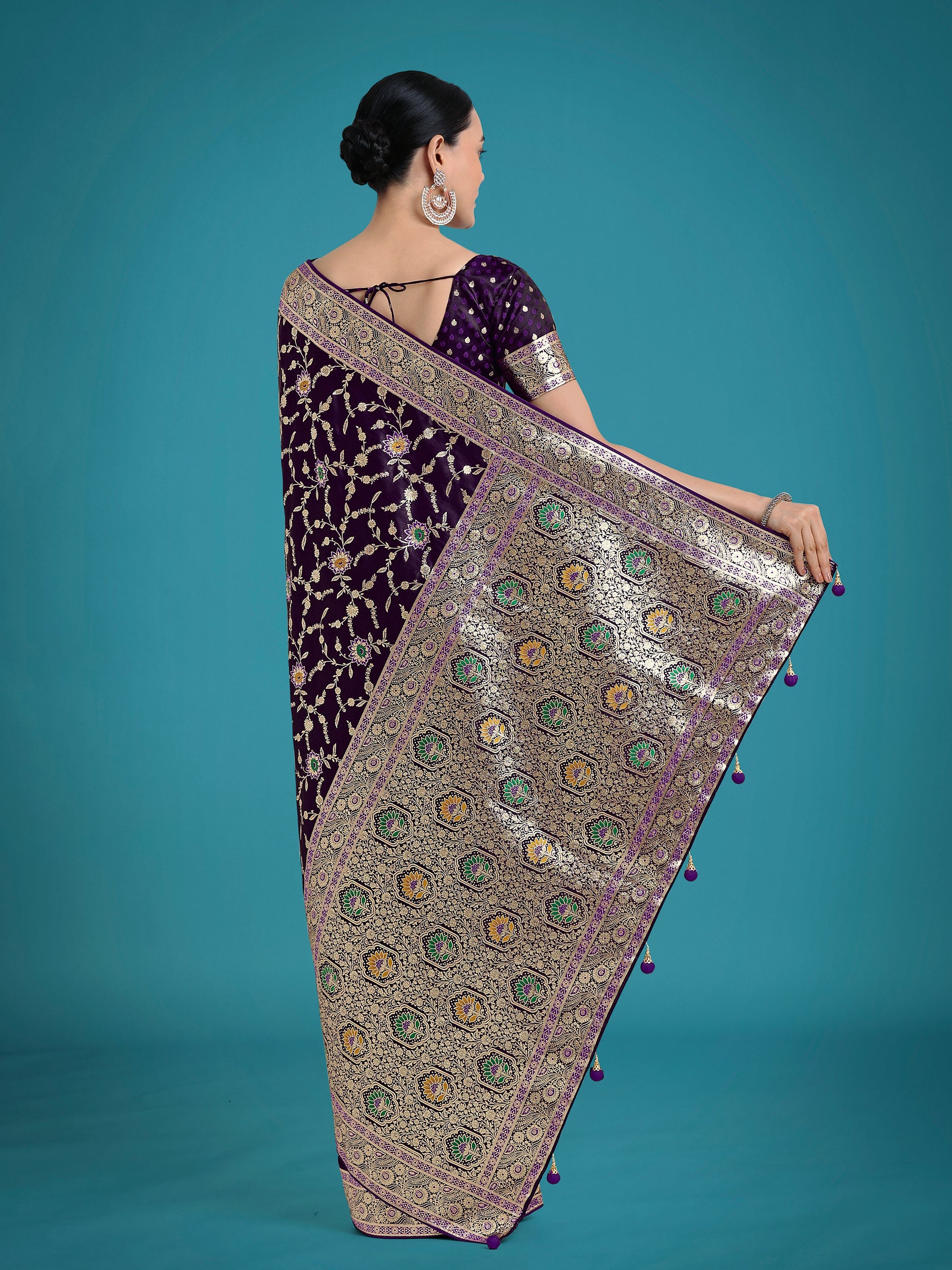 Dark Purple Zari Woven Banarasi Classic Satin Silk Saree
