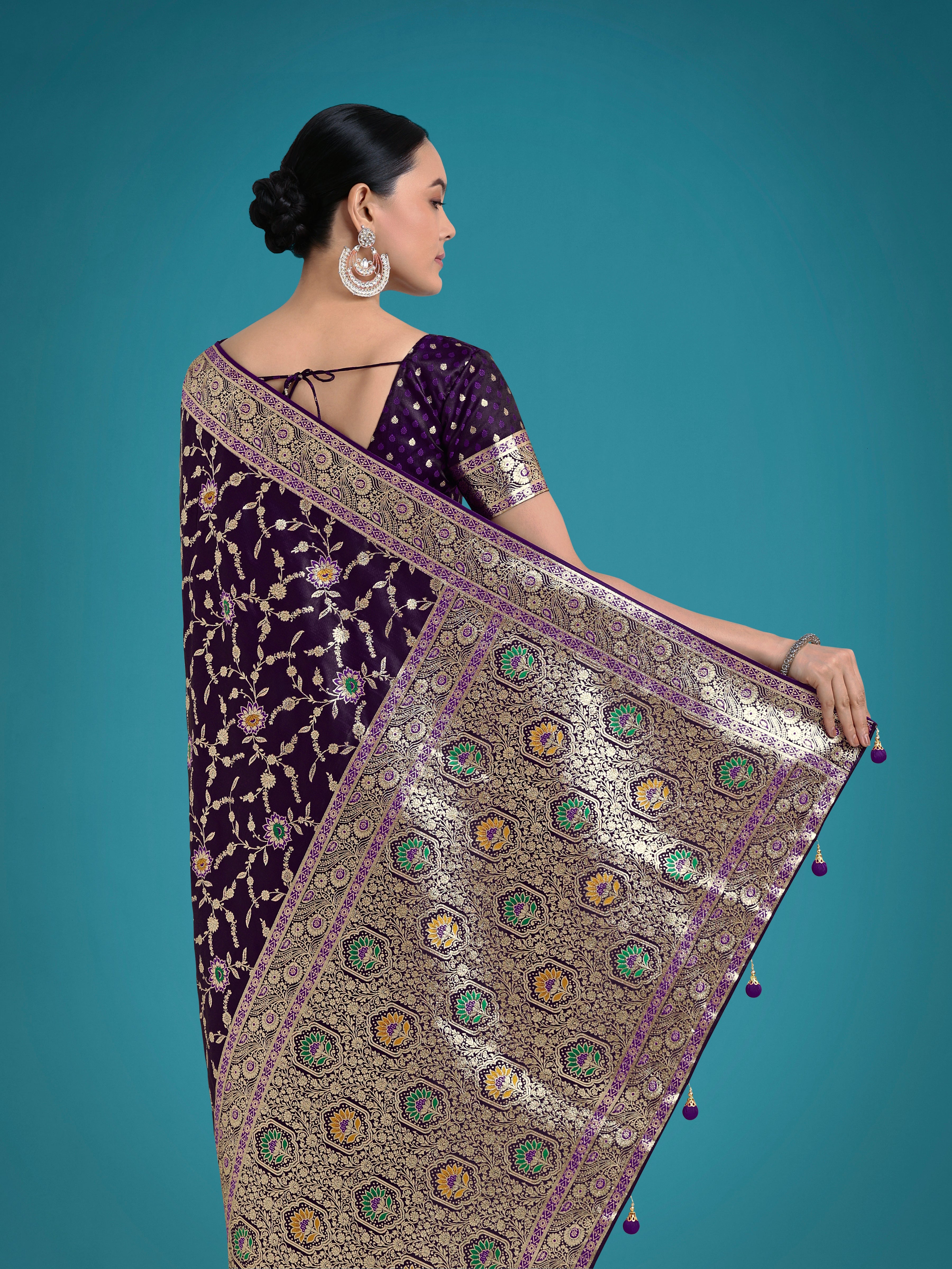 Dark Purple Zari Woven Banarasi Classic Satin Silk Saree