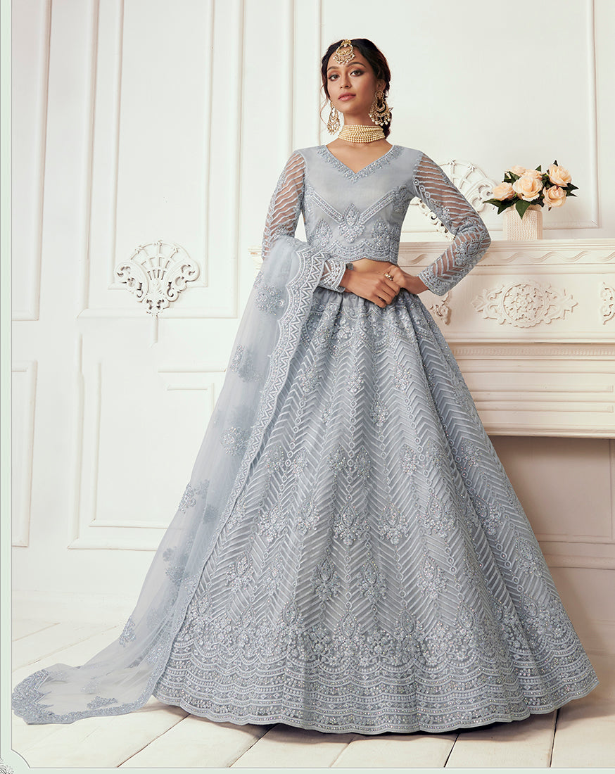 Grey Net Embroidered Designer Party Wear Lehenga Choli