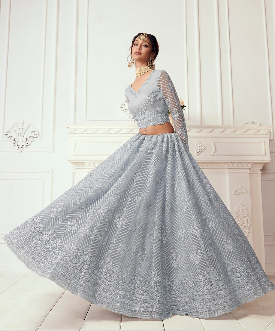 Grey Net Embroidered Designer Party Wear Lehenga Choli