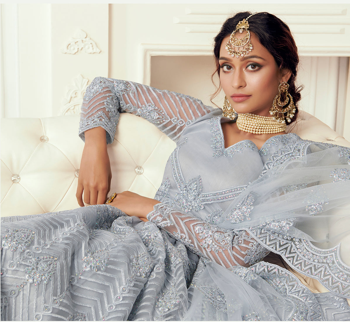 Grey Net Embroidered Designer Party Wear Lehenga Choli