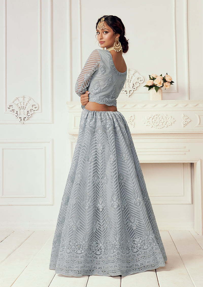 Grey Net Embroidered Designer Party Wear Lehenga Choli