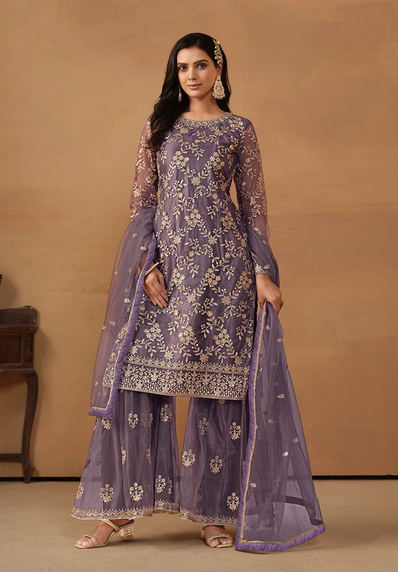 Dark Violet Net Embroidered Trendy Sharara Suit - Monjolika Fashion