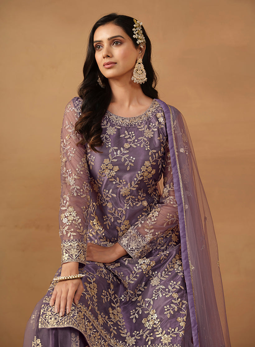 Dark Violet Net Embroidered Trendy Sharara Suit - Monjolika Fashion