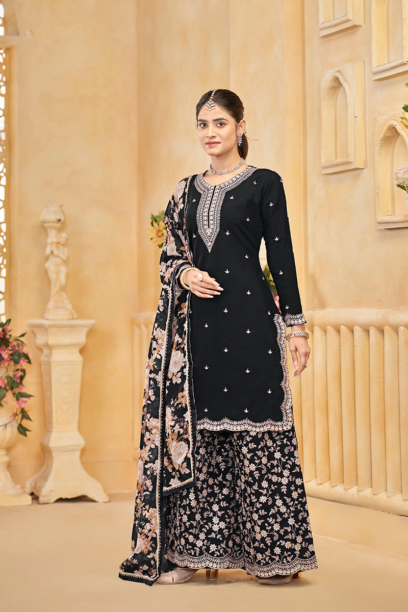 Black Roman Silk Trendy Palazzo Suit With Heavy Dupatta