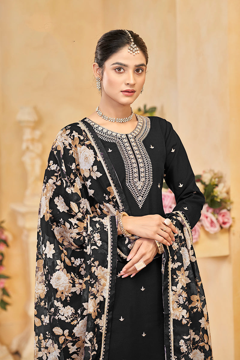 Black Roman Silk Trendy Palazzo Suit With Heavy Dupatta