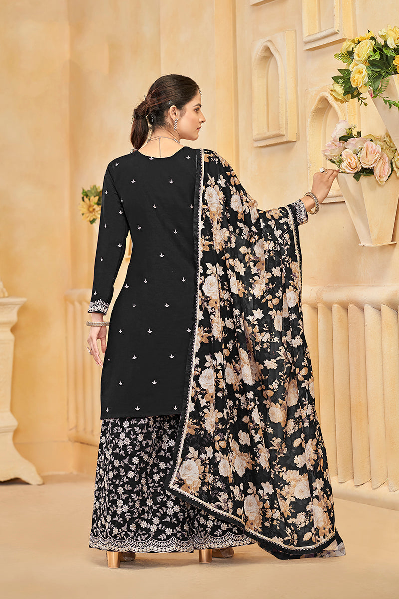 Black Roman Silk Trendy Palazzo Suit With Heavy Dupatta