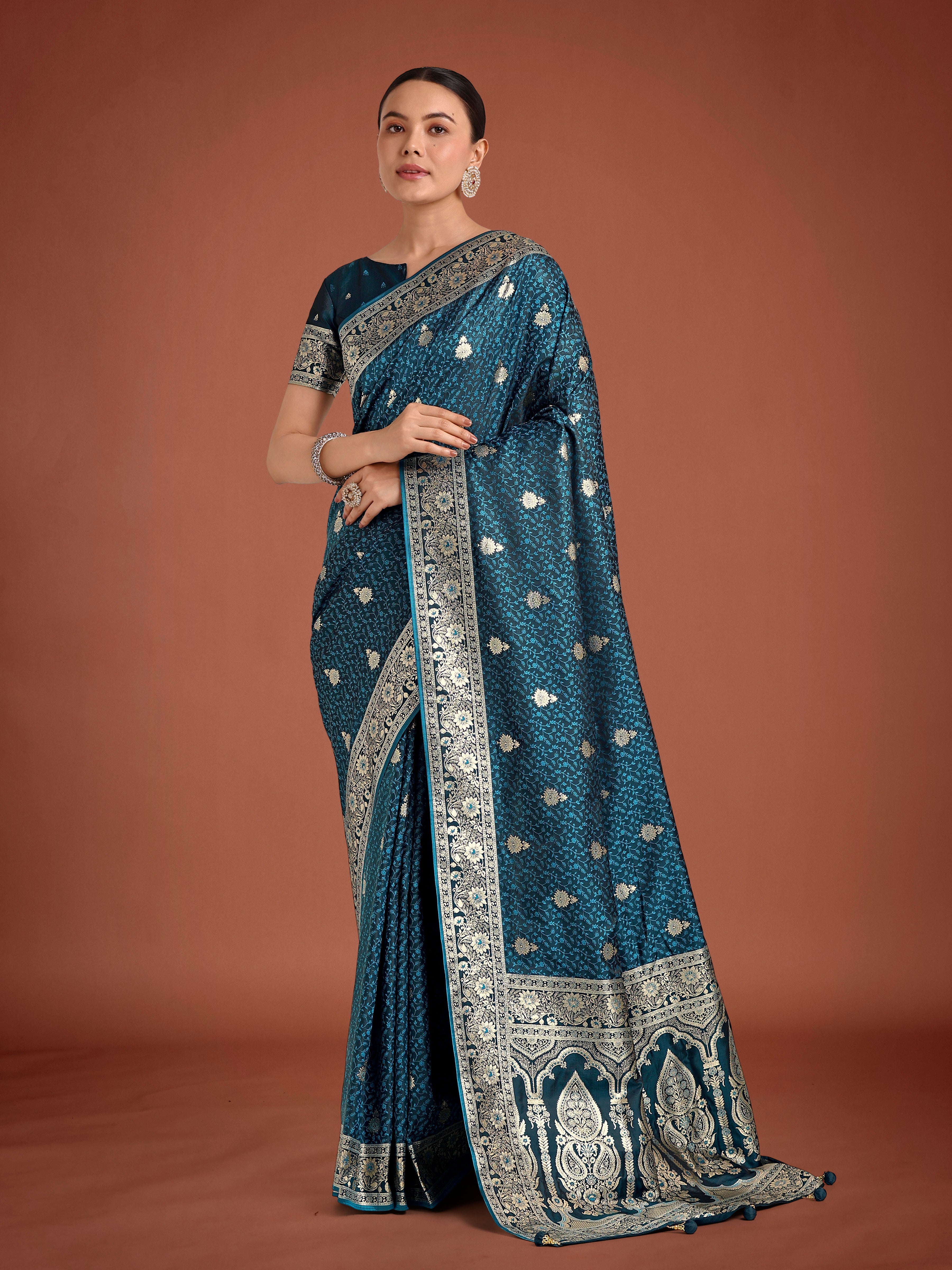 Dark Teal Banarasi Satin Silk Saree with Intricate Zari Woven Work