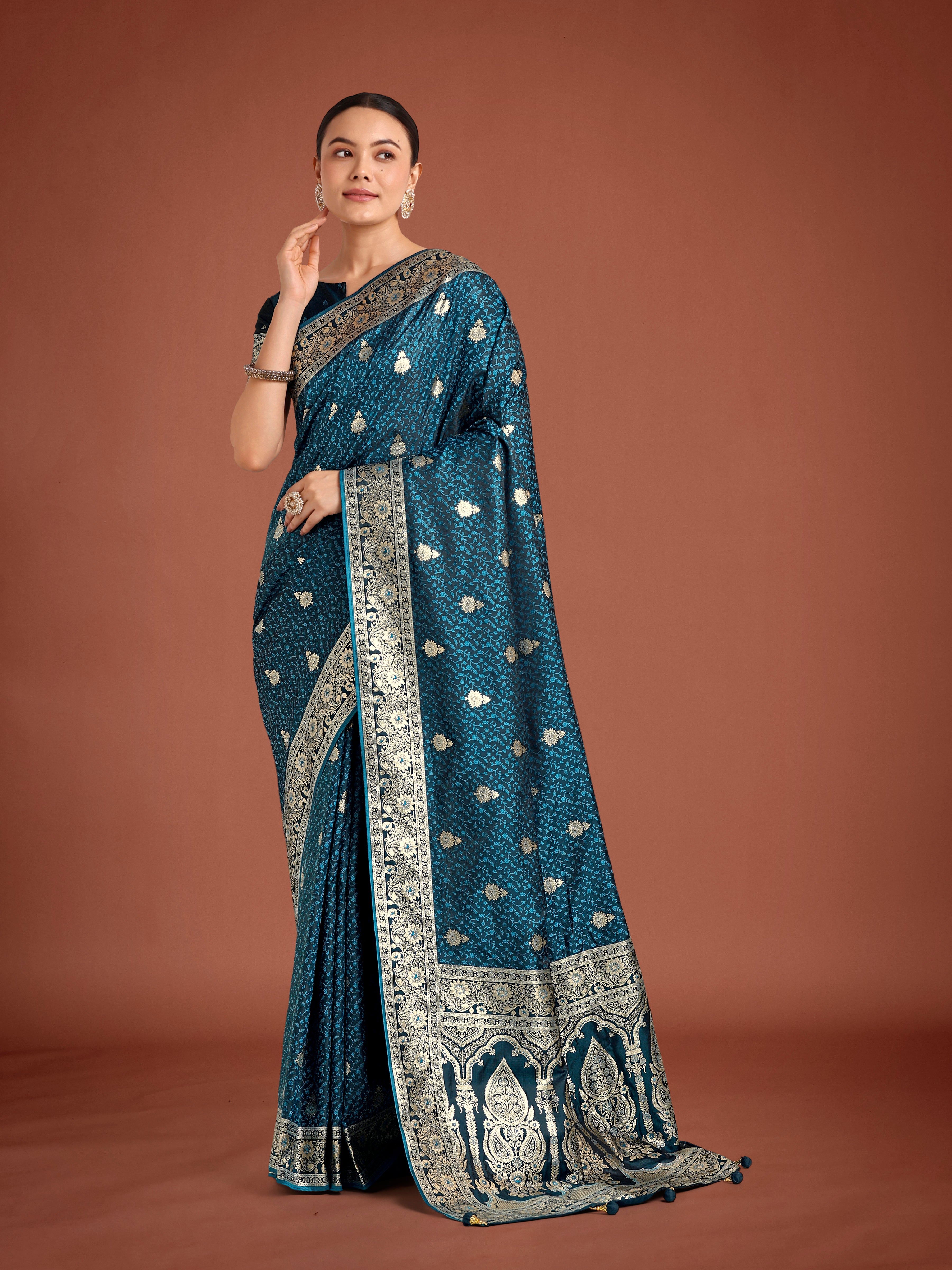Dark Teal Banarasi Satin Silk Saree with Intricate Zari Woven Work