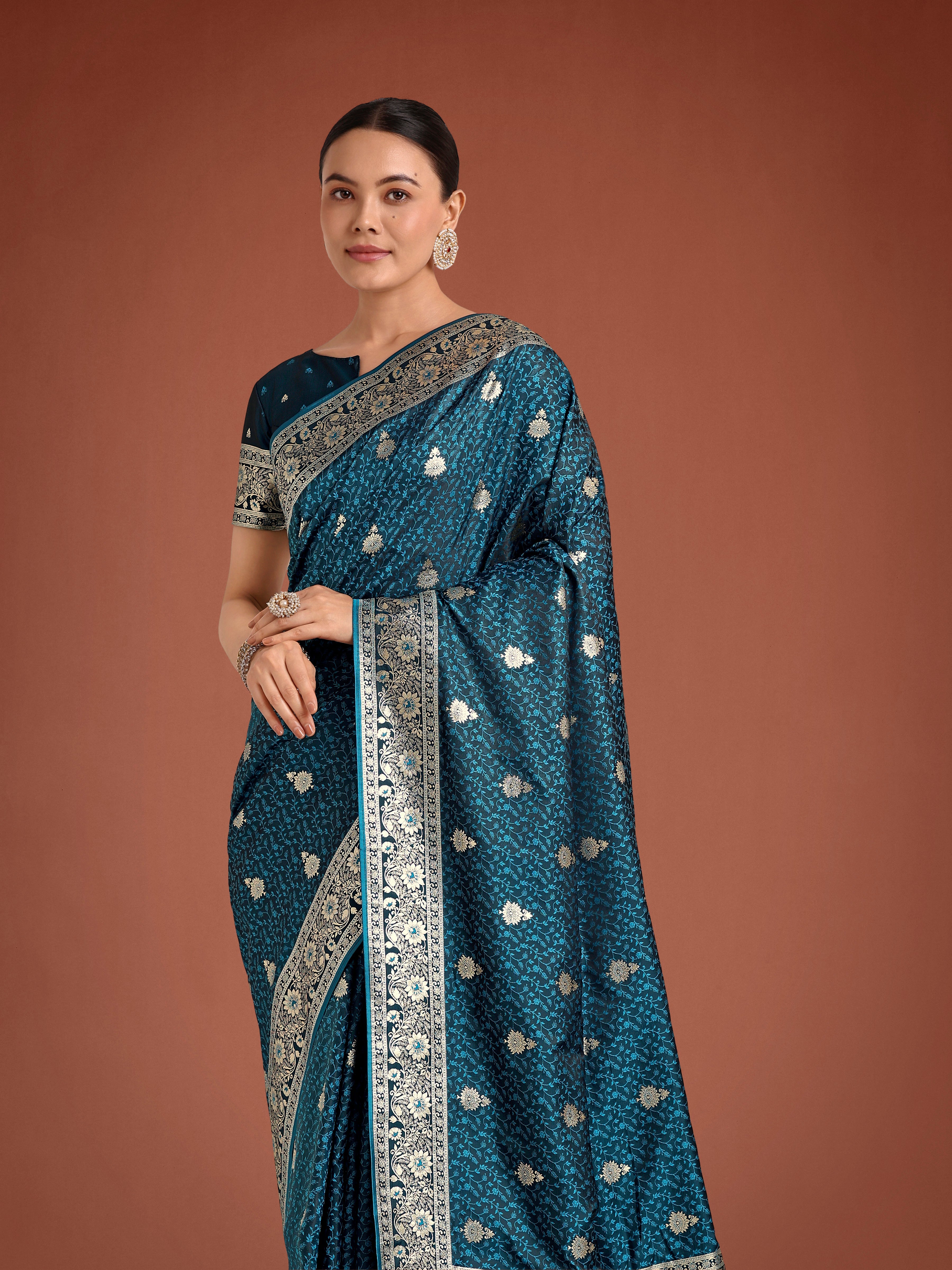 Dark Teal Banarasi Satin Silk Saree with Intricate Zari Woven Work