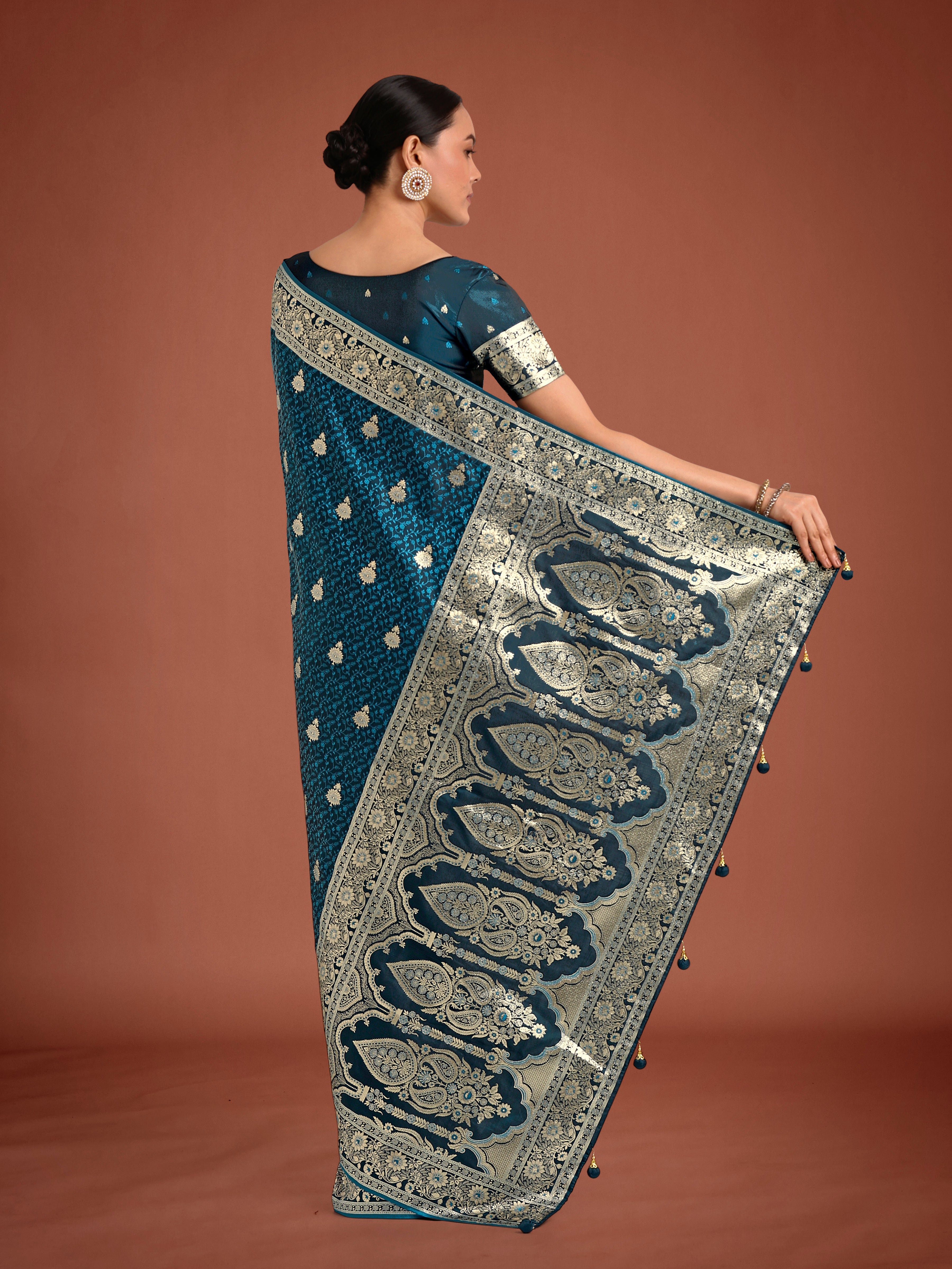 Dark Teal Banarasi Satin Silk Saree with Intricate Zari Woven Work