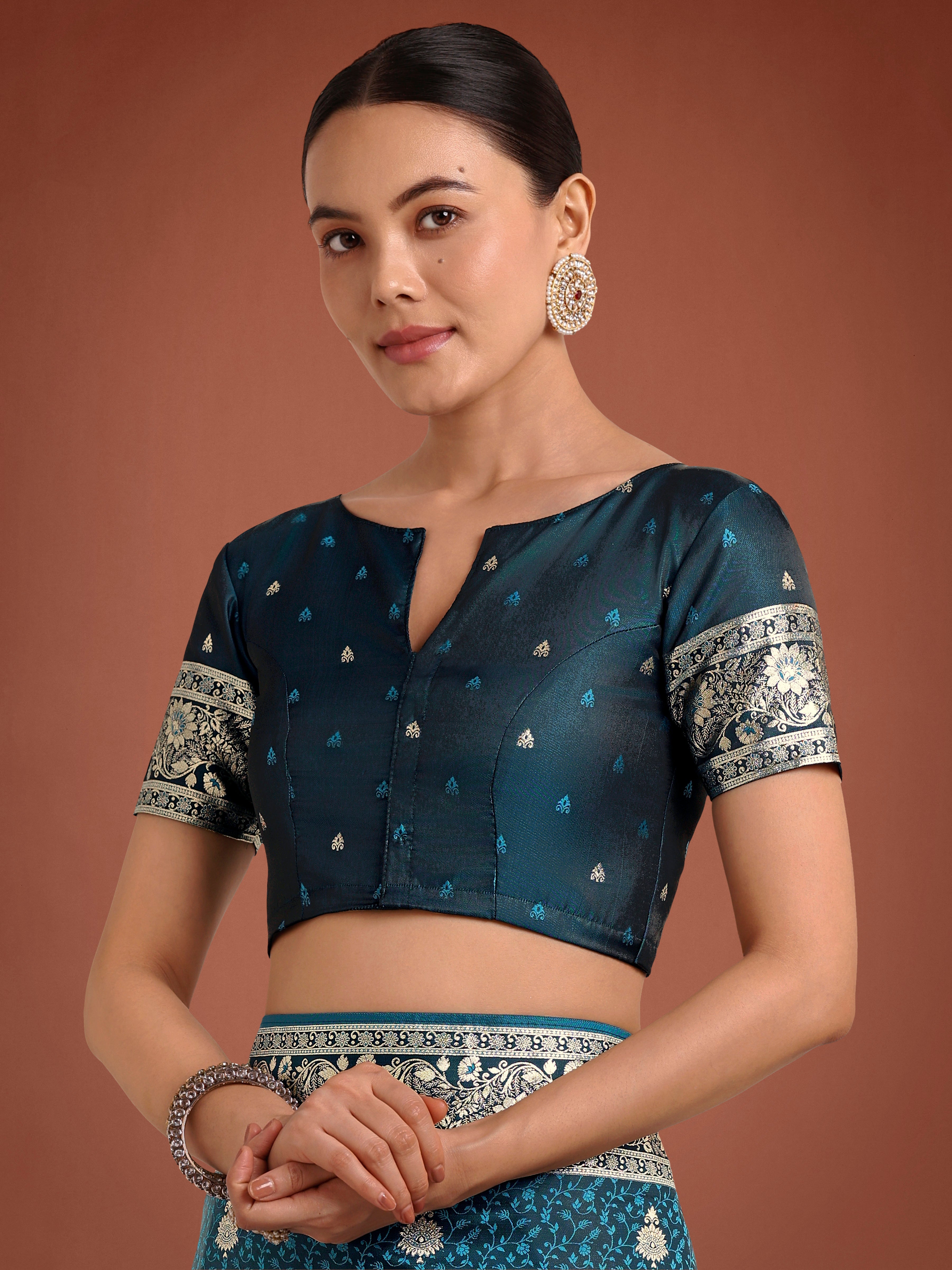 Dark Teal Banarasi Satin Silk Saree with Intricate Zari Woven Work