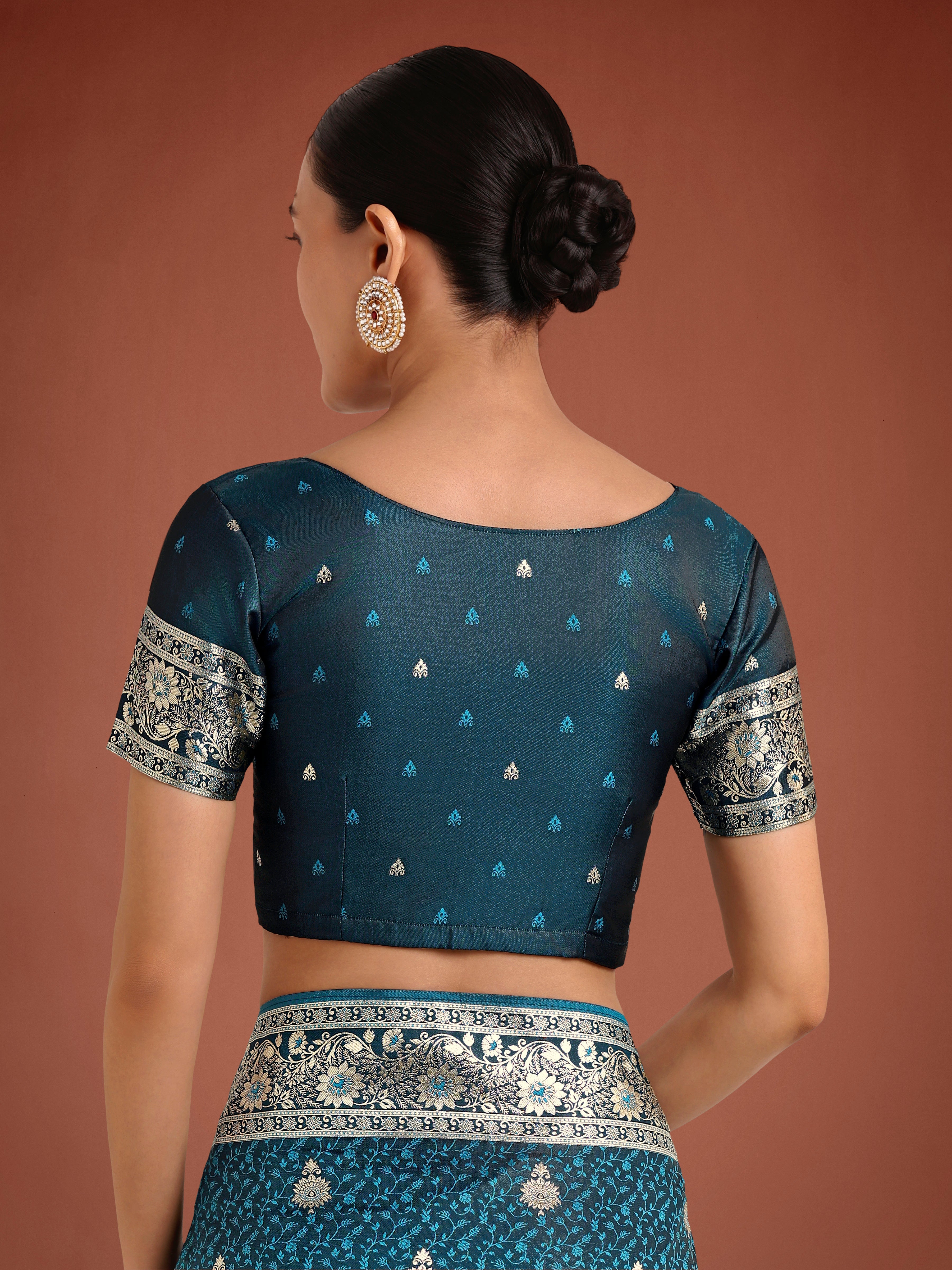Dark Teal Banarasi Satin Silk Saree with Intricate Zari Woven Work