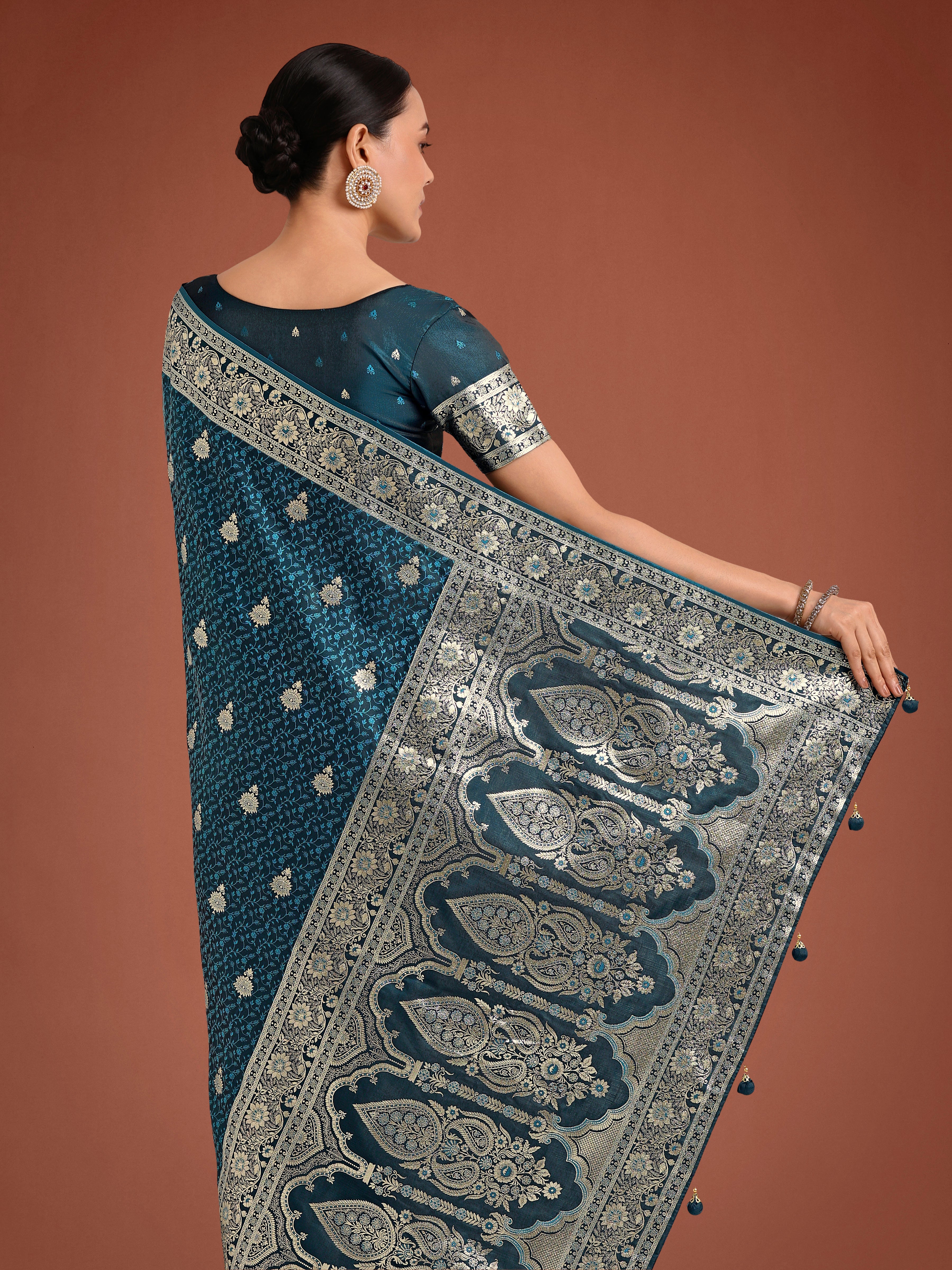 Dark Teal Banarasi Satin Silk Saree with Intricate Zari Woven Work