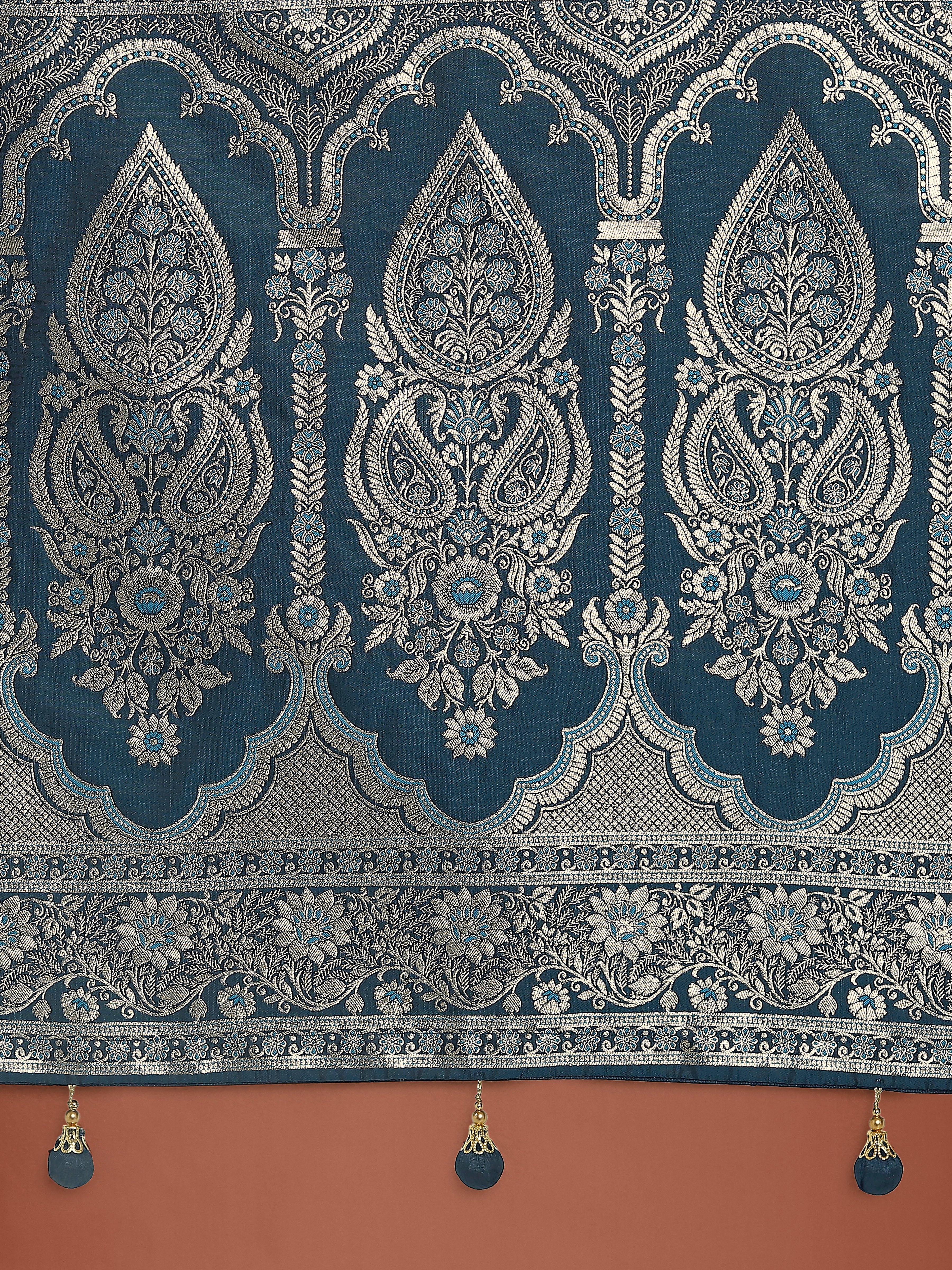 Dark Teal Banarasi Satin Silk Saree with Intricate Zari Woven Work