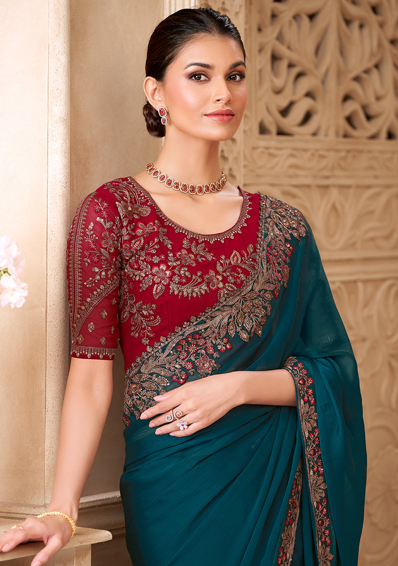 Dark Teal Color Satin Georgette Embroidered Fancy Designer Saree