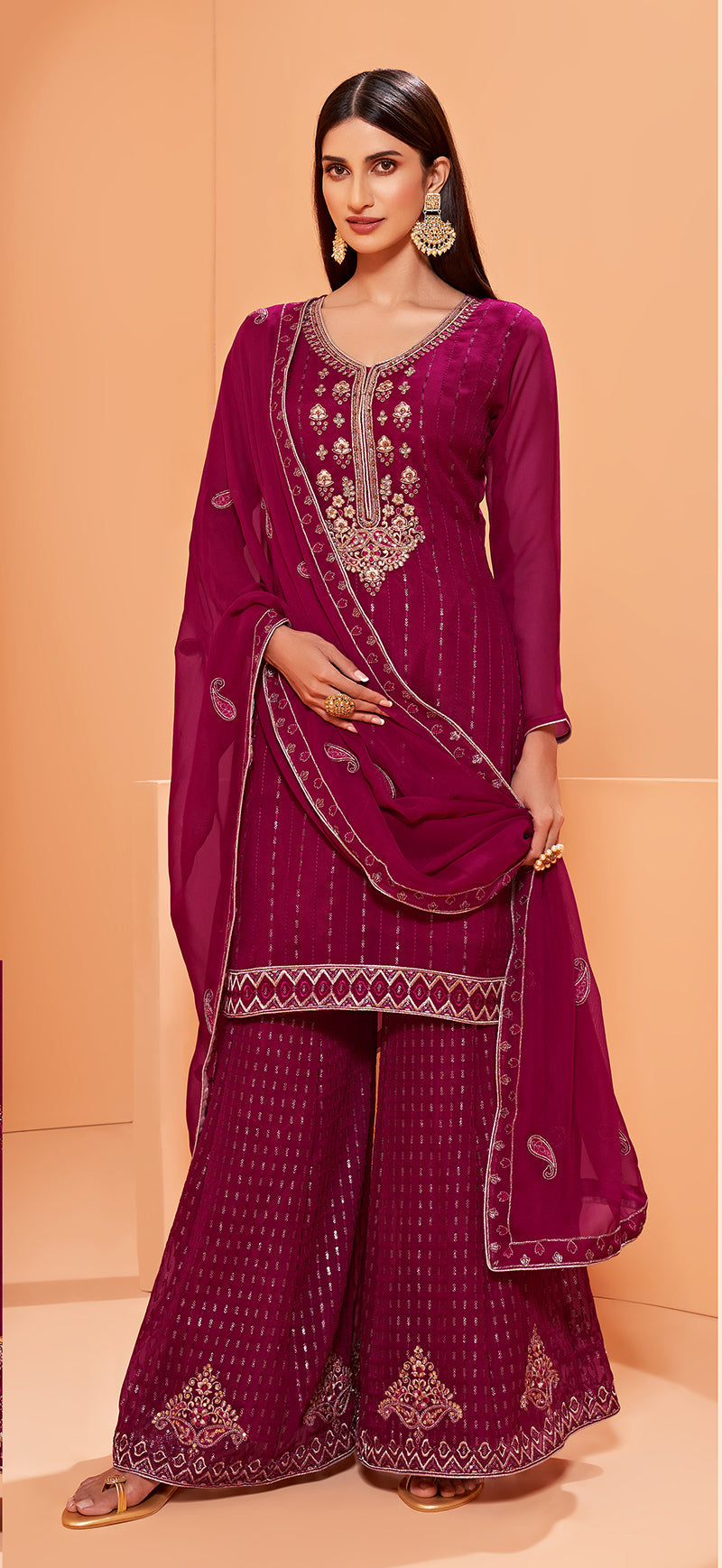 Dark Magenta Georgette Embroidered Pakistani Salwar Kameez