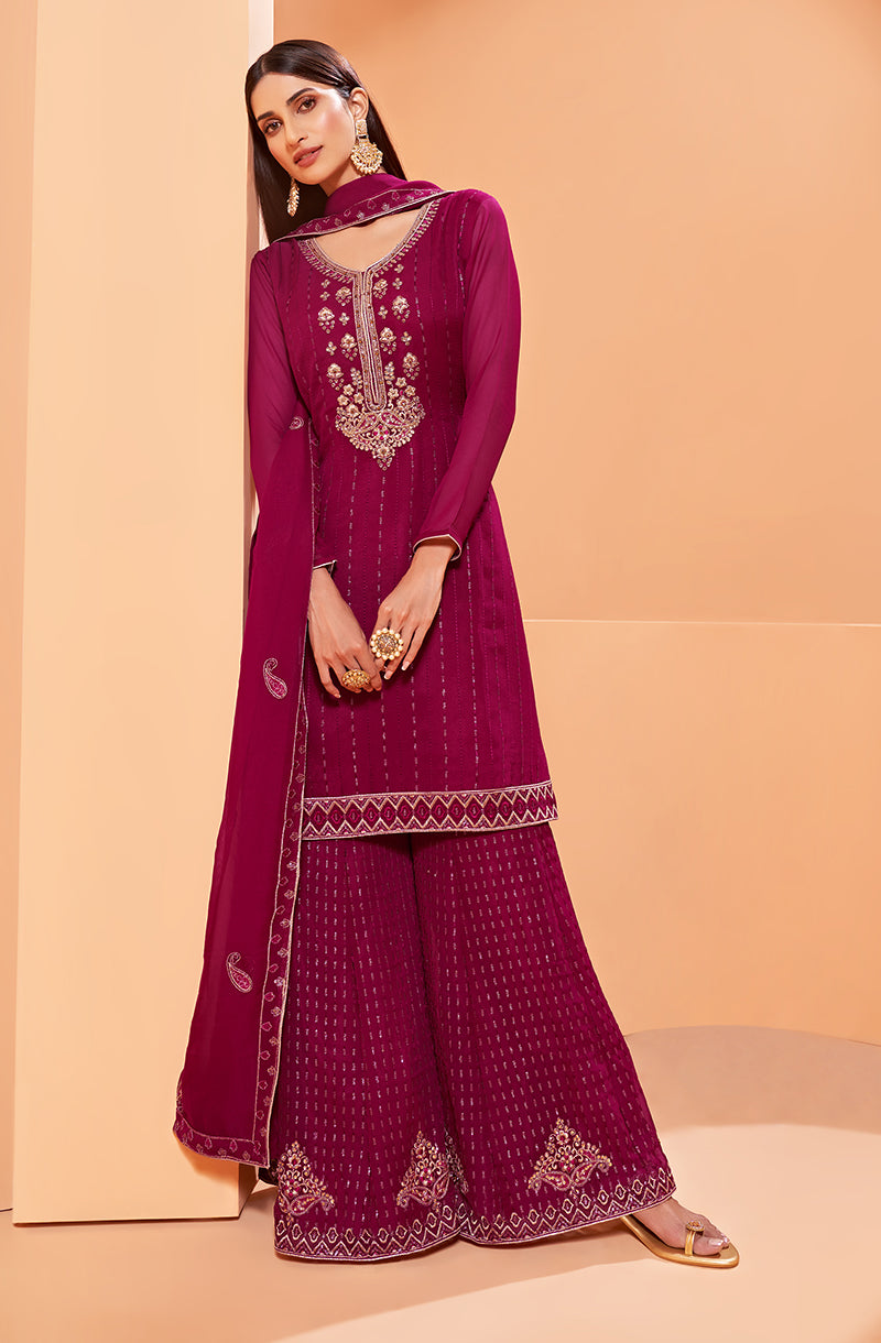 Dark Magenta Georgette Embroidered Pakistani Salwar Kameez