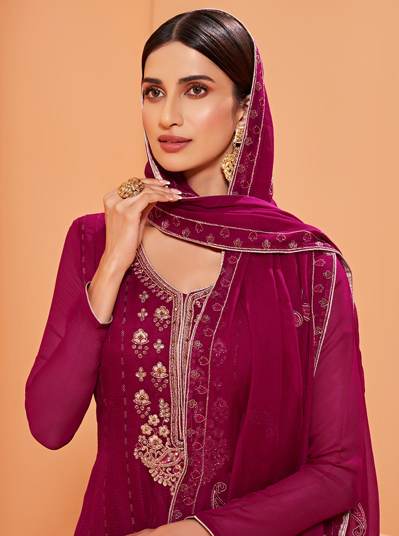 Dark Magenta Georgette Embroidered Pakistani Salwar Kameez
