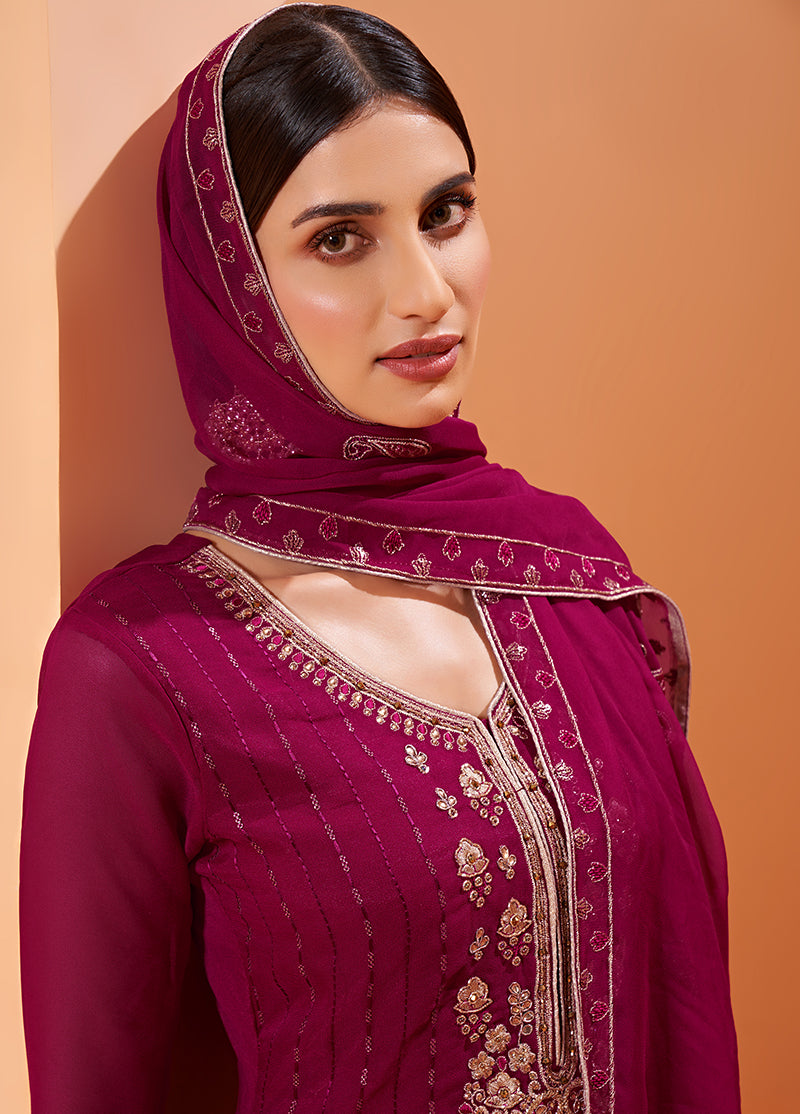 Dark Magenta Georgette Embroidered Pakistani Salwar Kameez