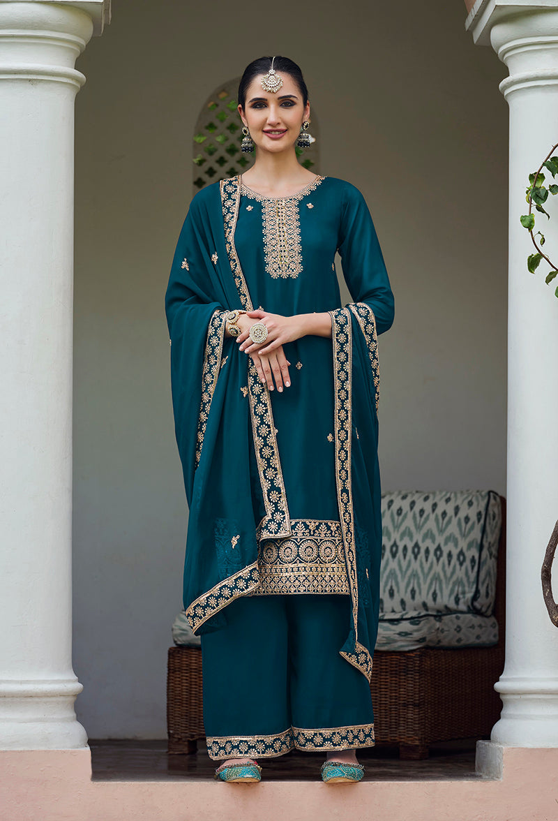 Dark Teal Georgette Embroidered Palazzo Salwar Kameez
