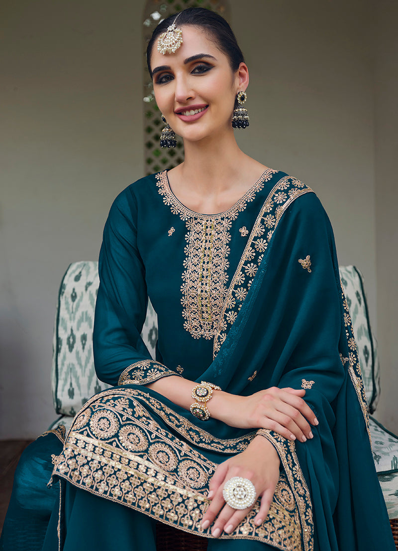 Dark Teal Georgette Embroidered Palazzo Salwar Kameez