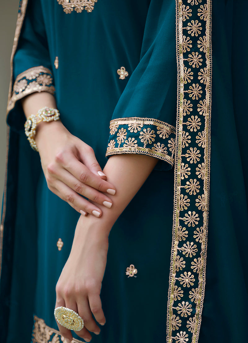 Dark Teal Georgette Embroidered Palazzo Salwar Kameez