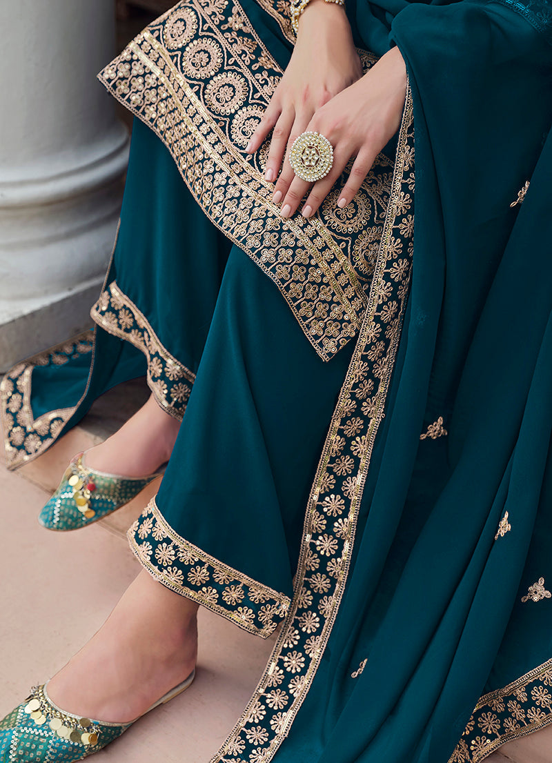 Dark Teal Georgette Embroidered Palazzo Salwar Kameez
