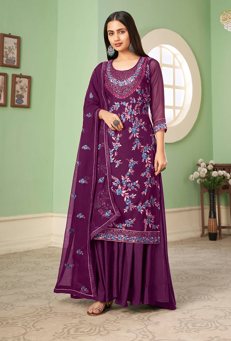Purple Georgette Embroidered Plazzo Salwar Kameez