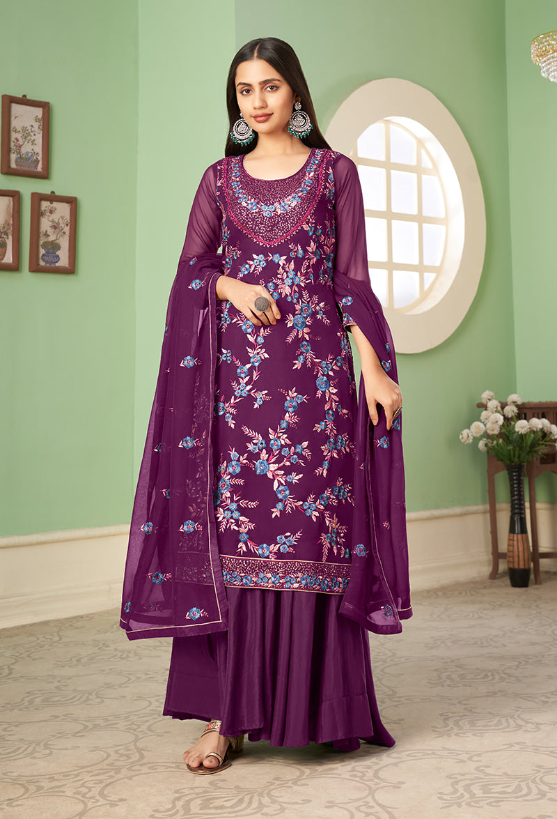 Purple Georgette Embroidered Plazzo Salwar Kameez