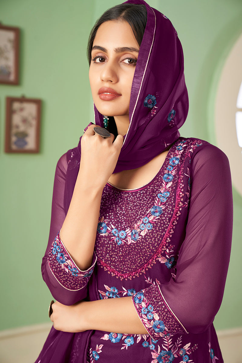 Purple Georgette Embroidered Plazzo Salwar Kameez