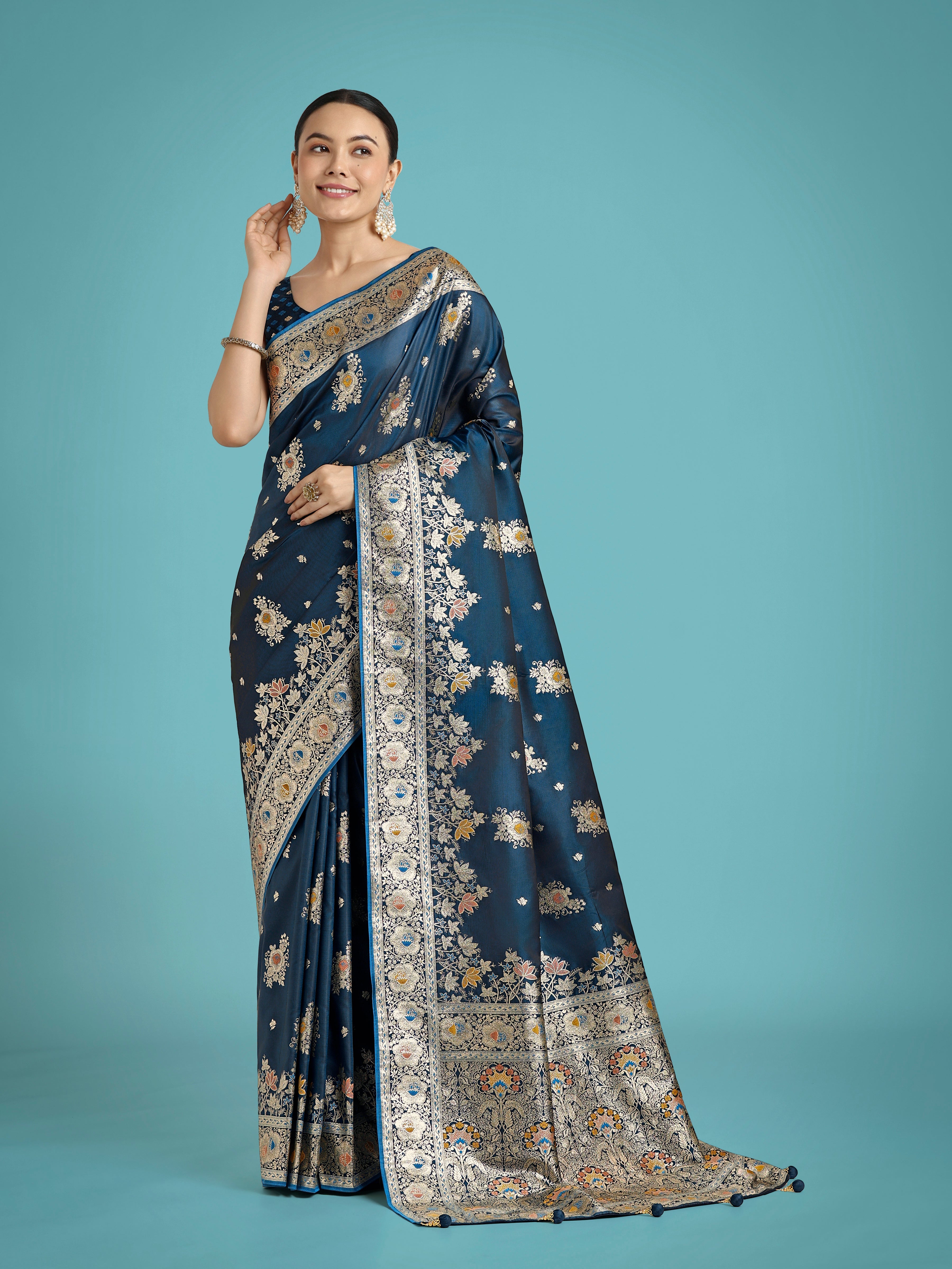 Dark Teal Glamour and Tradition With This Zari Woven Banarasi Satin Silk Saree