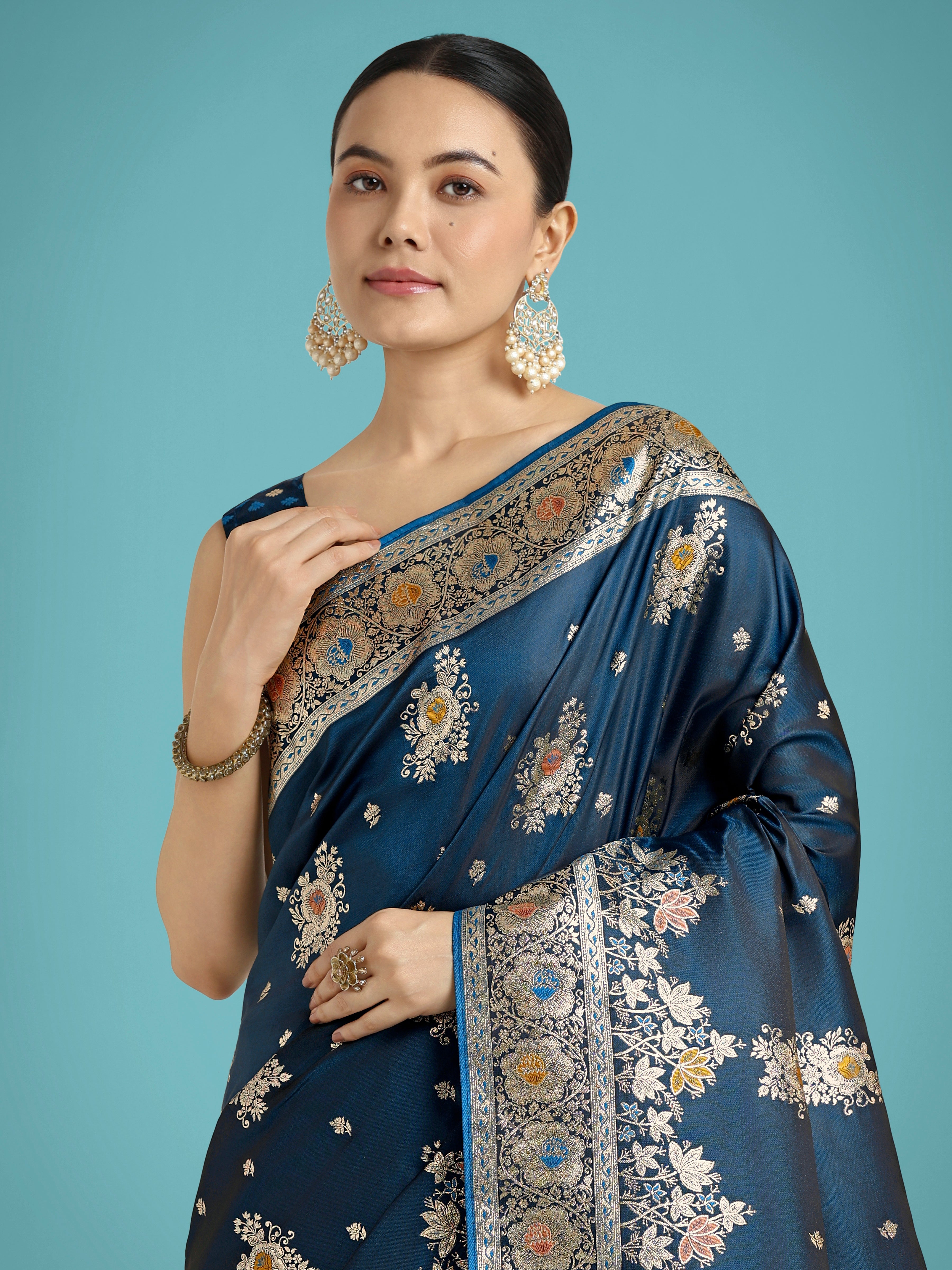Dark Teal Glamour and Tradition With This Zari Woven Banarasi Satin Silk Saree
