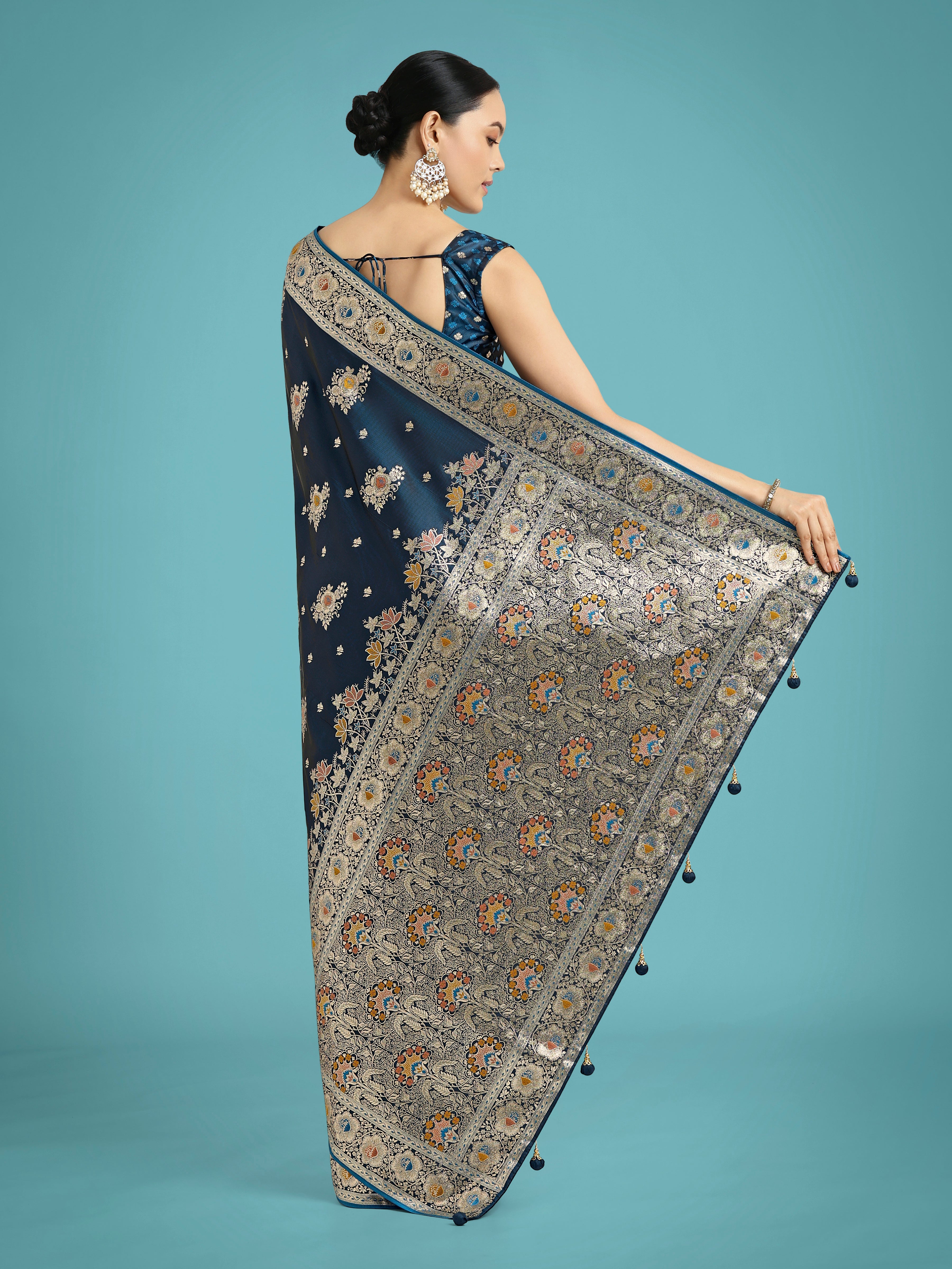 Dark Teal Glamour and Tradition With This Zari Woven Banarasi Satin Silk Saree