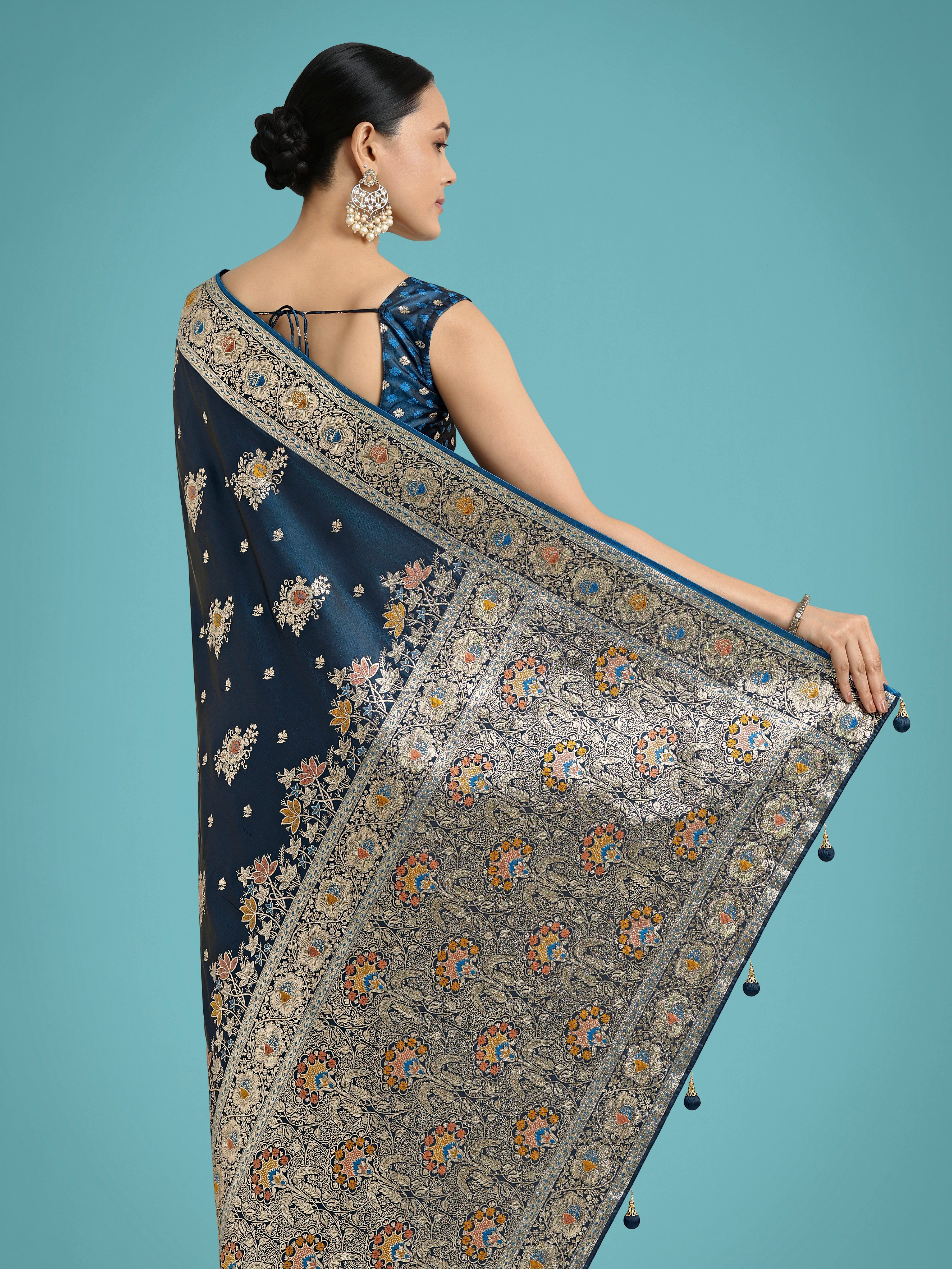 Dark Teal Glamour and Tradition With This Zari Woven Banarasi Satin Silk Saree